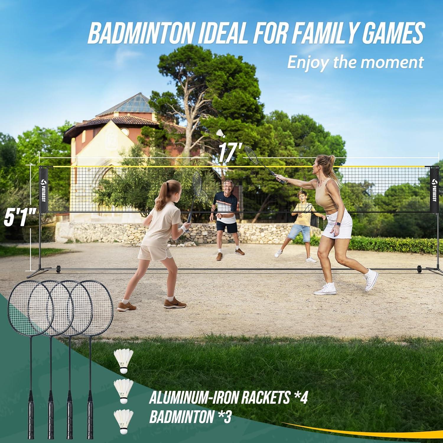 17FT Badminton Volleyball Combo Net Set for Backyard, 5.1ft-7.4ft Adjustable Heigh Portable Sports Net with Poles, 4 Badminton Rackets, 3 Shuttlecocks and Volleyball for Driveway Game