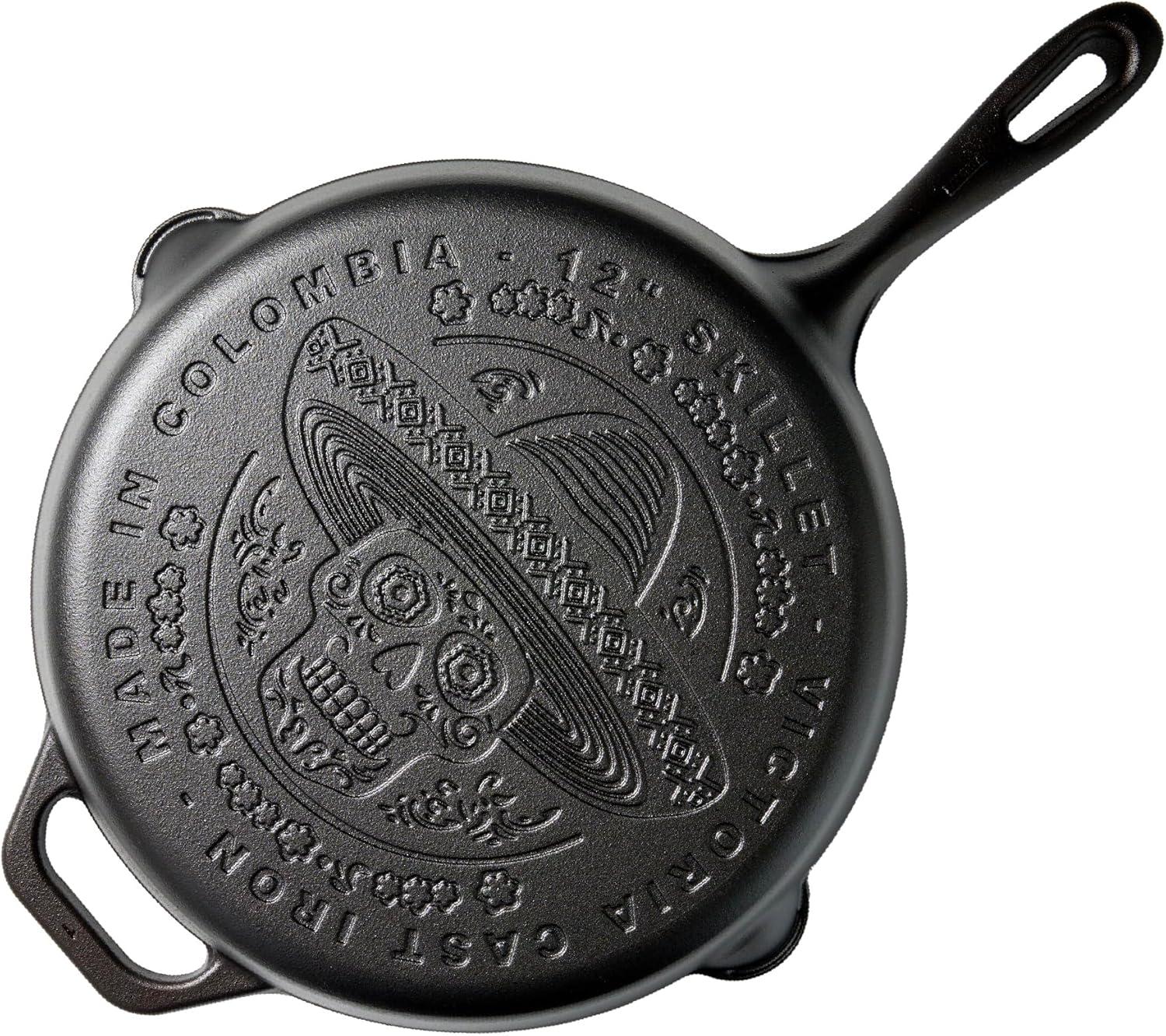 Victoria 12-Inch Day of the Dead La Calaca Cast Iron Skillet, Dia de los Muertos Seasoned Cast Iron Frying Pan with Long Handle, Made in Colombia