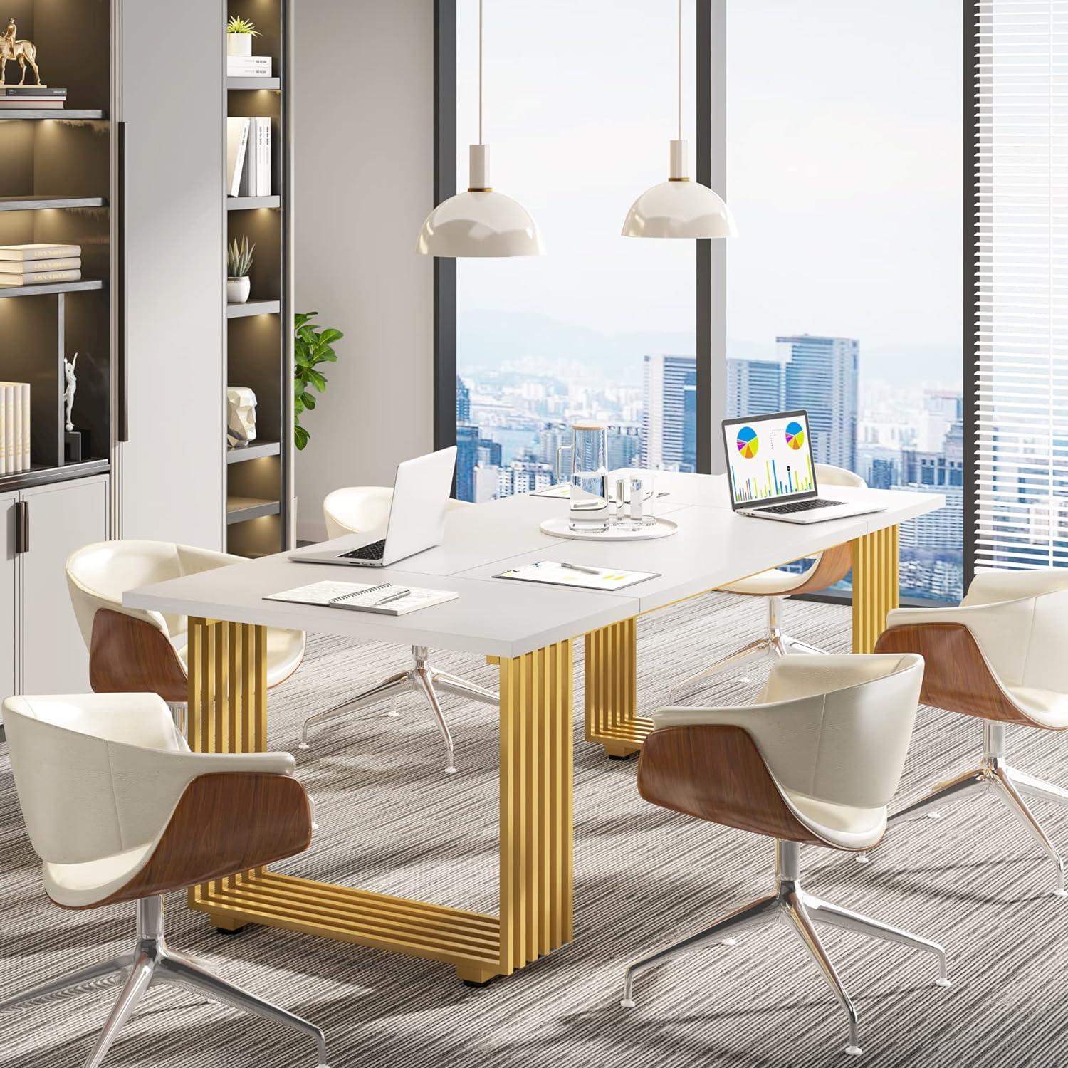 Tribesigns 70.9" Executive Office Desk, Modern Conference Desk with Metal Frame, White Gold
