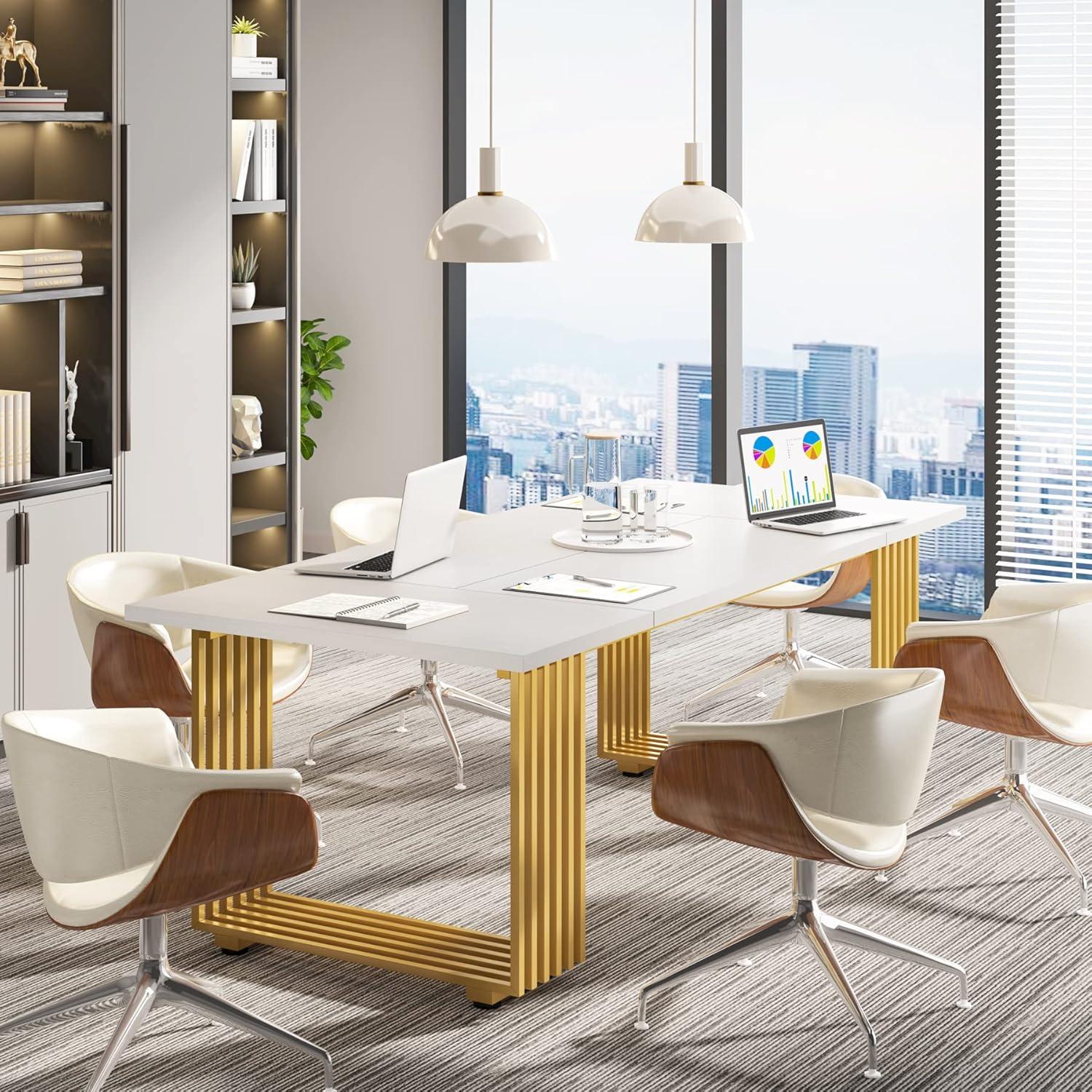 Tribesigns 70.9" Executive Office Desk, Modern Conference Desk with Metal Frame, White Gold