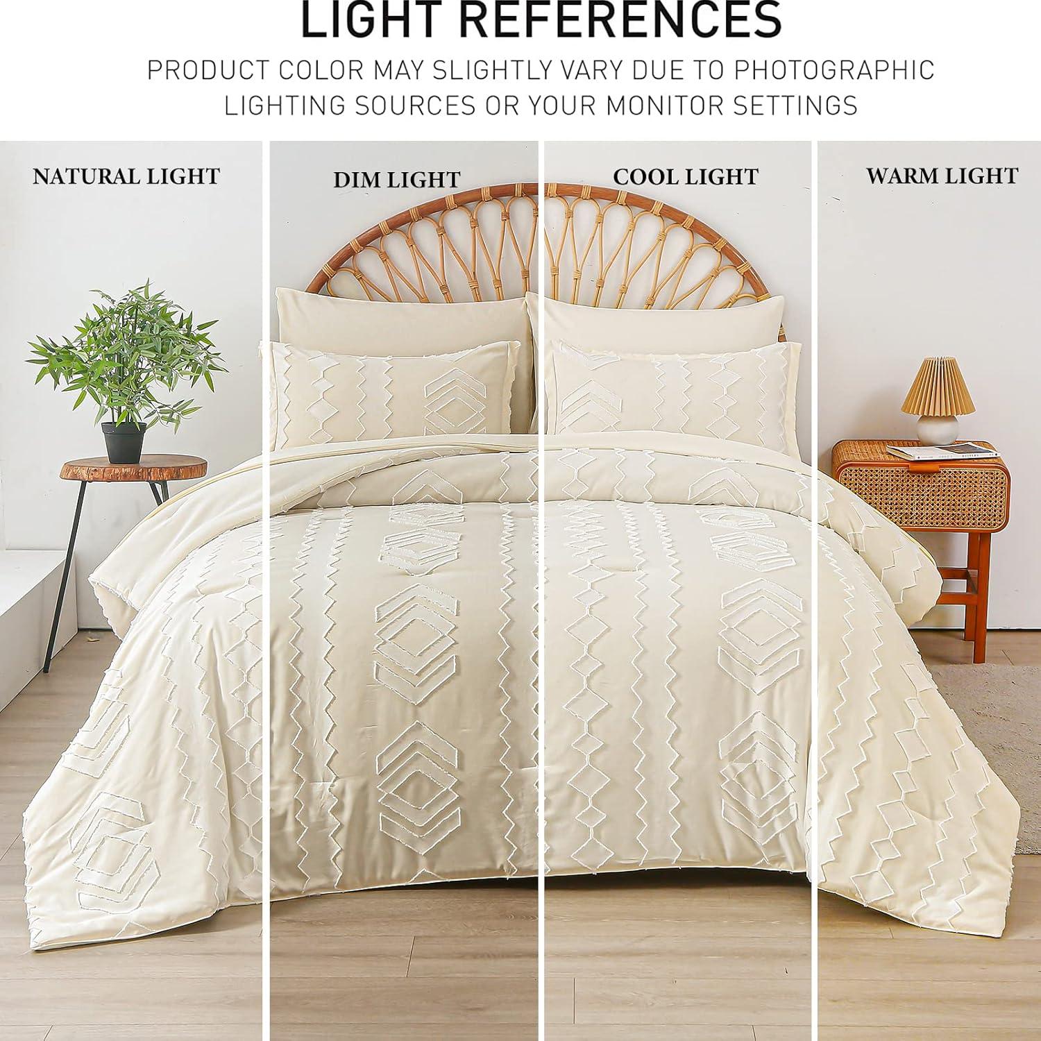 EVERGRACE King Size Comforter Set 7 Pieces Bed in a Bag for College Dorm, White Tufted Shabby Chic Boho Comforter and Sheet Set with Pom Pom Textured, Soft Fluffy Farmhouse Complete Bedding Set