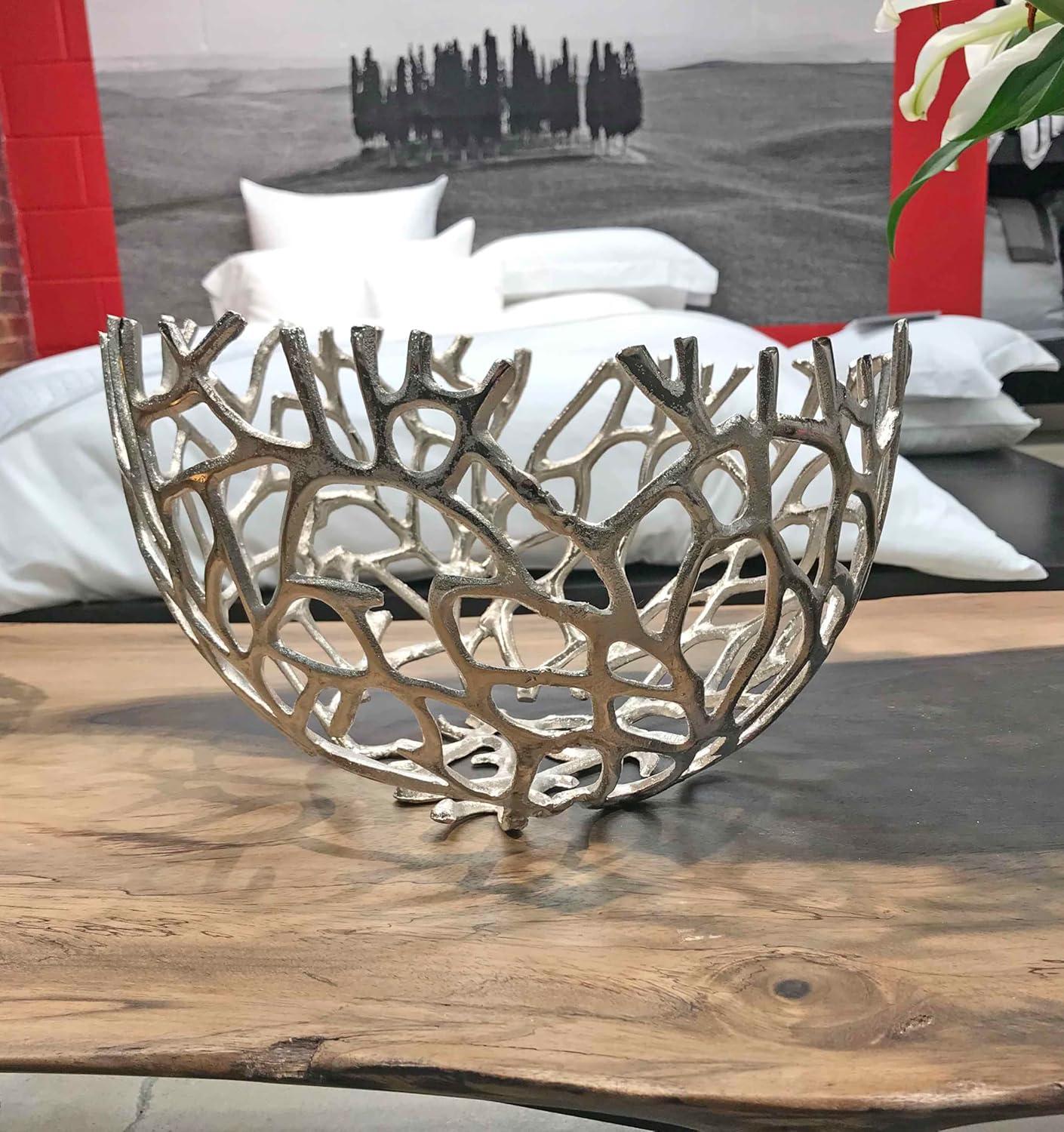 Modern Day Accents Twigs Round, Silver, Bowl, Holds Fruits, Keys, Phones, Accessories, Fillers, & Spheres, Branches, Tabletop, Accent, Modern, Aluminum, 14.5" x 14.5" x 8.5"