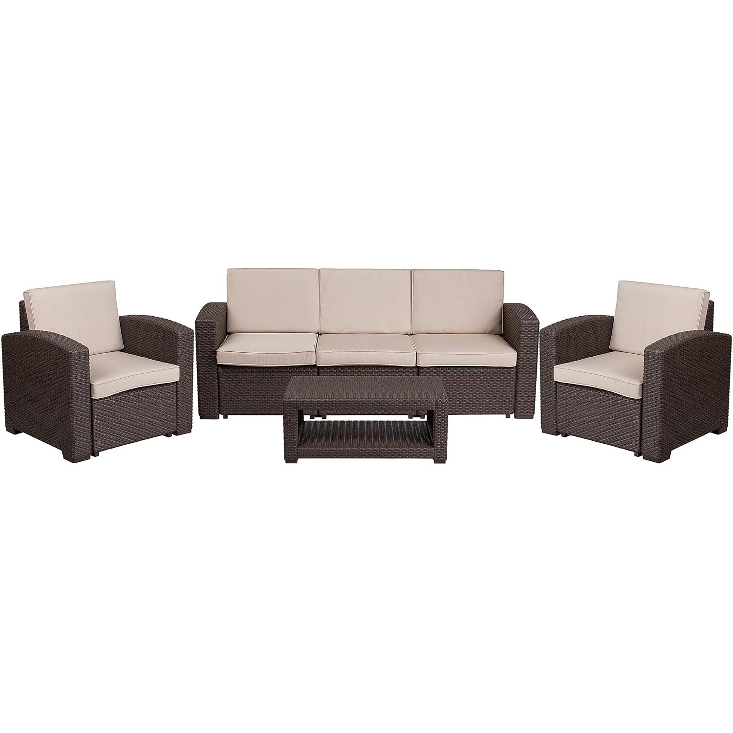 Merrick Lane 4 Piece Dark Gray Faux Rattan Patio Furniture Set with 2 Chairs and Sofa with Removable Light Gray Cushions and Table