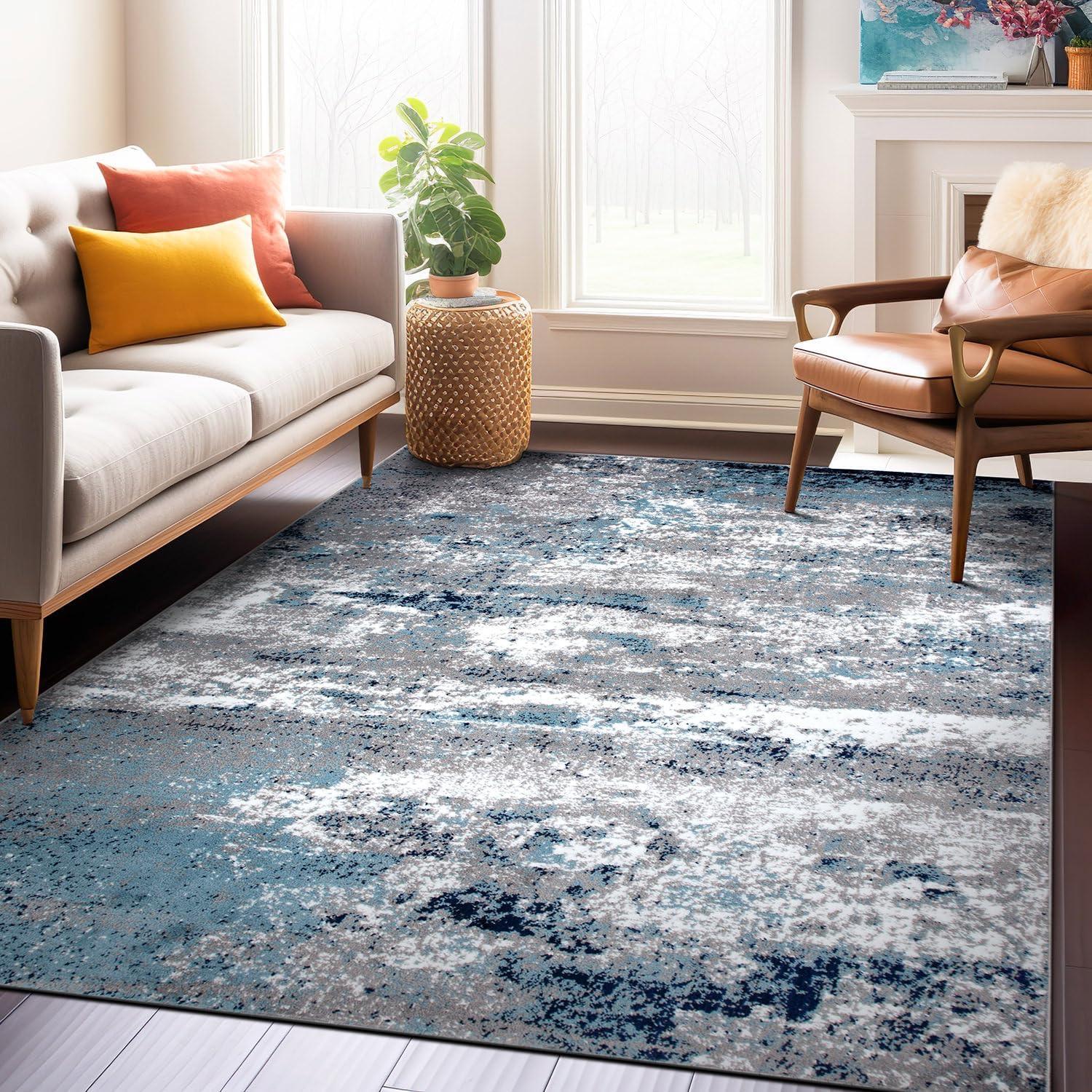 World Rug Gallery Distressed Abstract Watercolor Blue 7'10" x 10' Area Rug