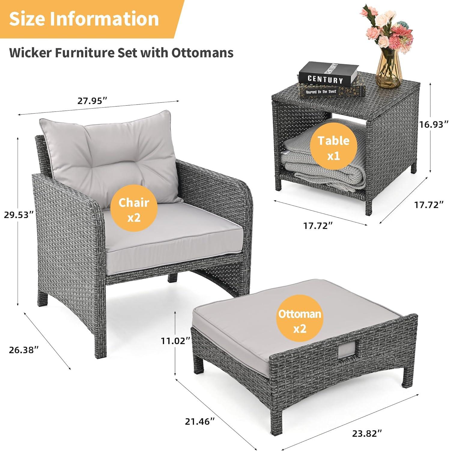 Pamapic 5 Pieces Outdoor Patio Wicker Chairs Set with Ottoman Outside Conversation Furniture Set with Cushions and Coffee for Balcony Porch Lawn Garden Table(Grey Cushion+Light Grey Rattan)