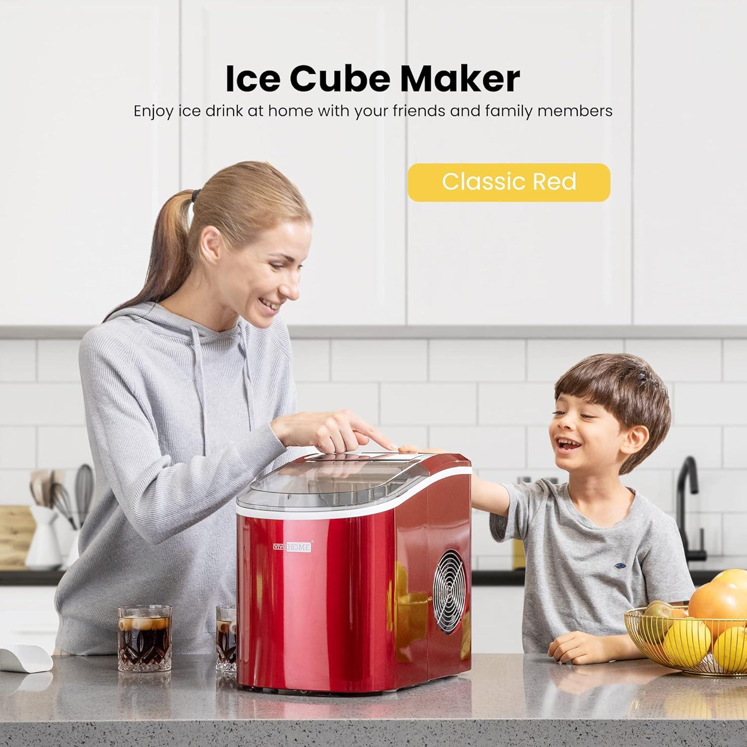 SPECSTAR Countertop Ice Maker 27Lbs/24H, Self-Cleaning Portable Ice Maker Machine with Hand Scoop 10 Ice Bags for Home/Kitchen/Party, Red