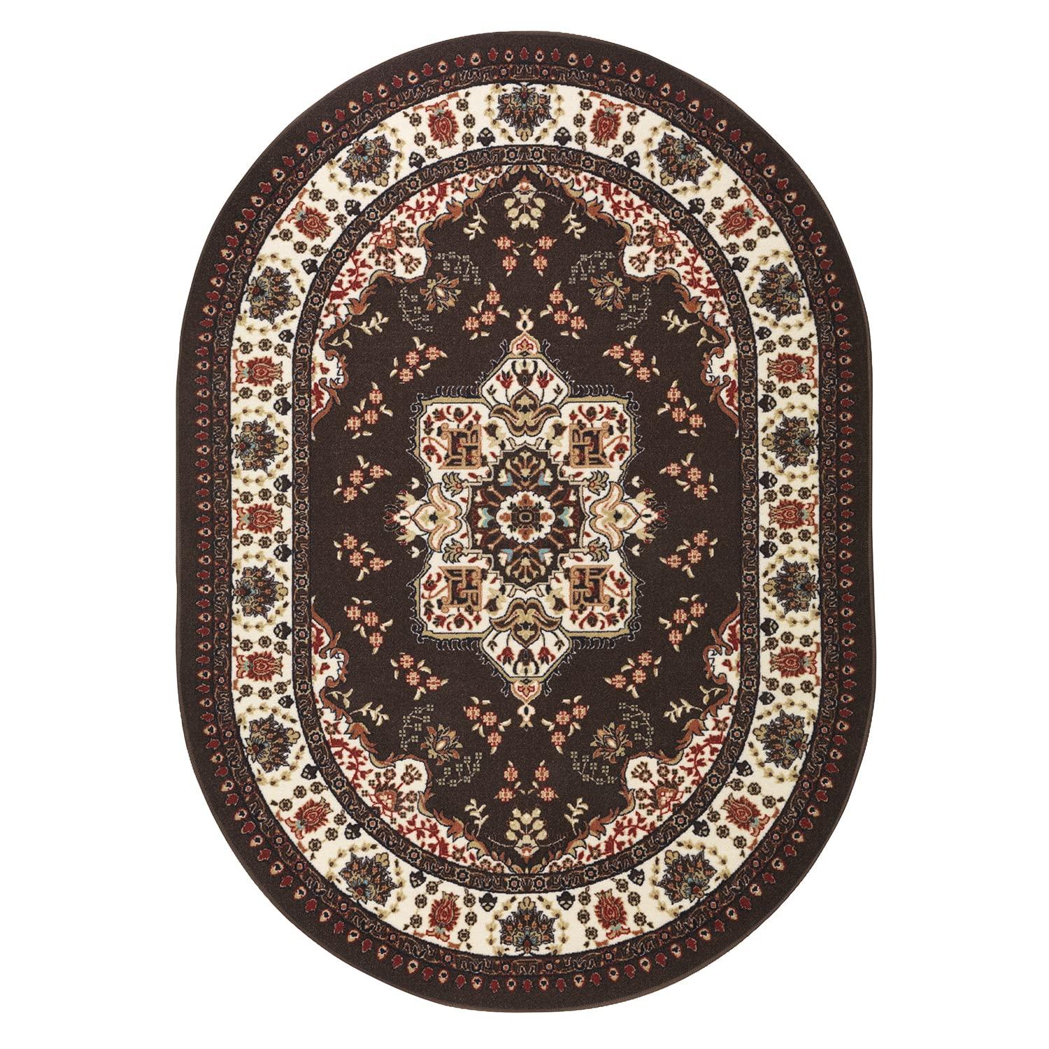 Antep Rugs Alfombras Oriental Traditional 5x7 Non-Skid (Non-Slip) Low Profile Pile Rubber Backing Indoor Area Rugs (Brown, 5' x 7' Oval)