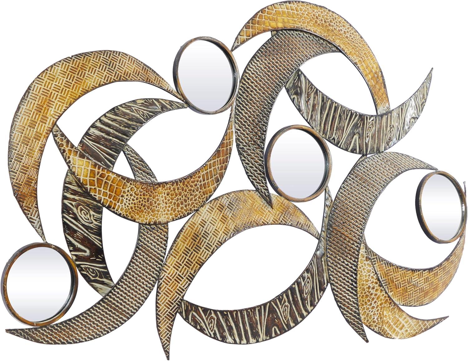 DecMode Contemporary Curved Metal Stips with Indigenous Patterns Wall Décor, 24"W x 40"H Features Gray, Brown, Maroon and Yellow Polished Finish