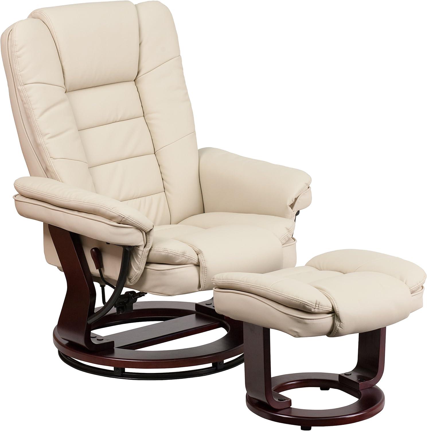 Beige Leather Swivel Recliner with Ottoman and Mahogany Wood Base