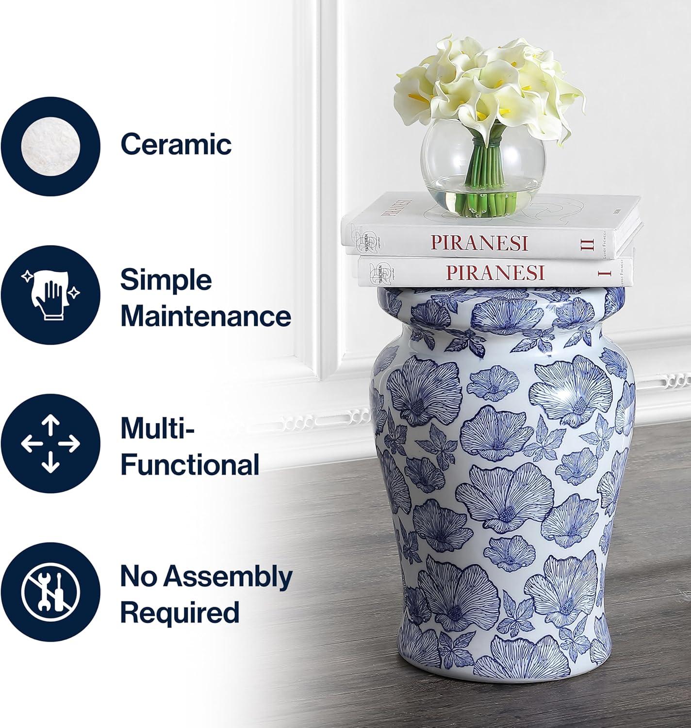 JONATHAN Y Poppies 17.7" Ceramic Garden Stool, White/Blue