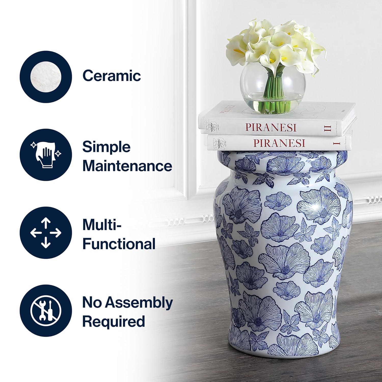 JONATHAN Y Poppies 17.7" Ceramic Garden Stool, White/Blue