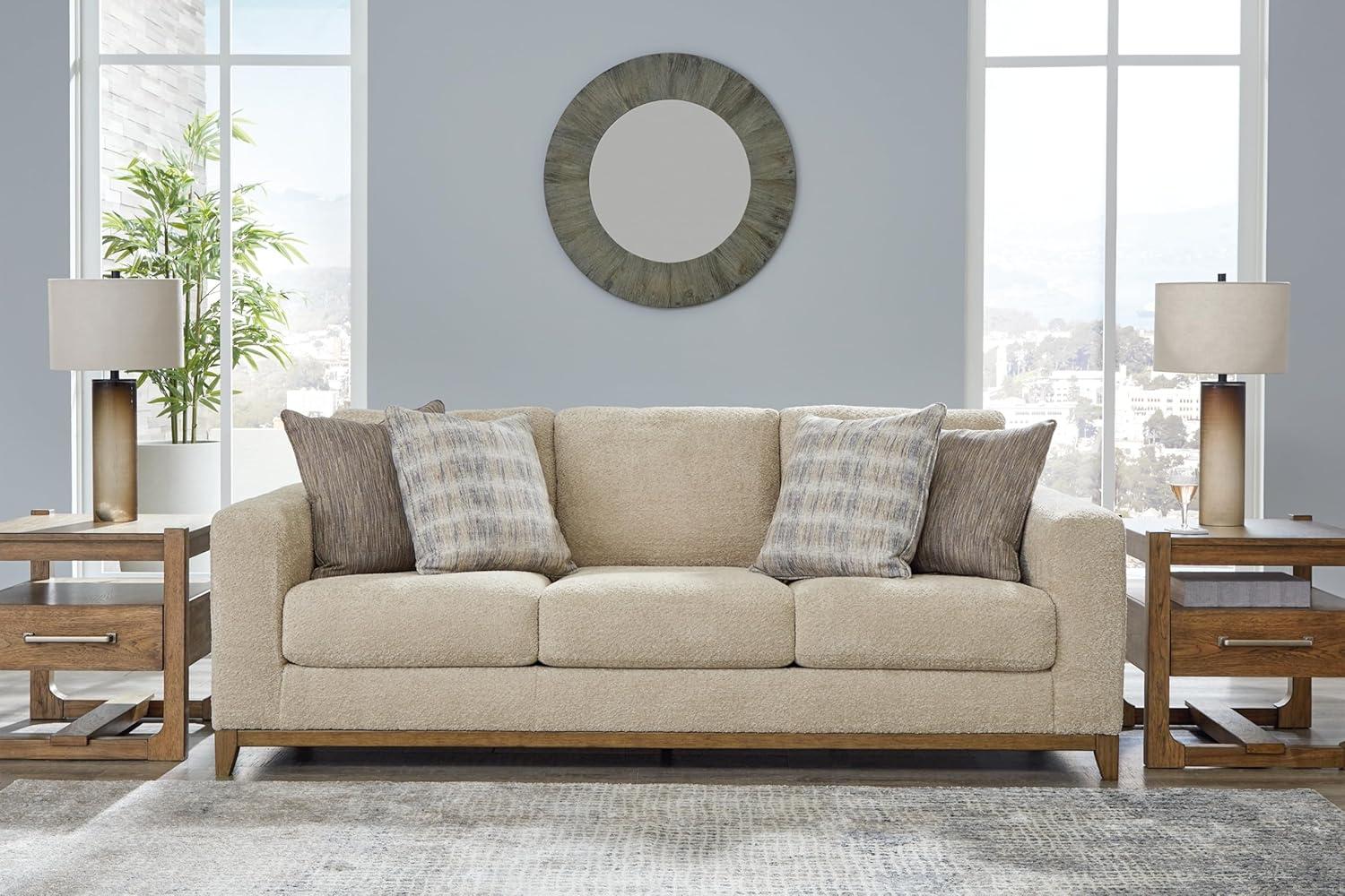 Beige Fabric Stationary Sofa with Wood Trim