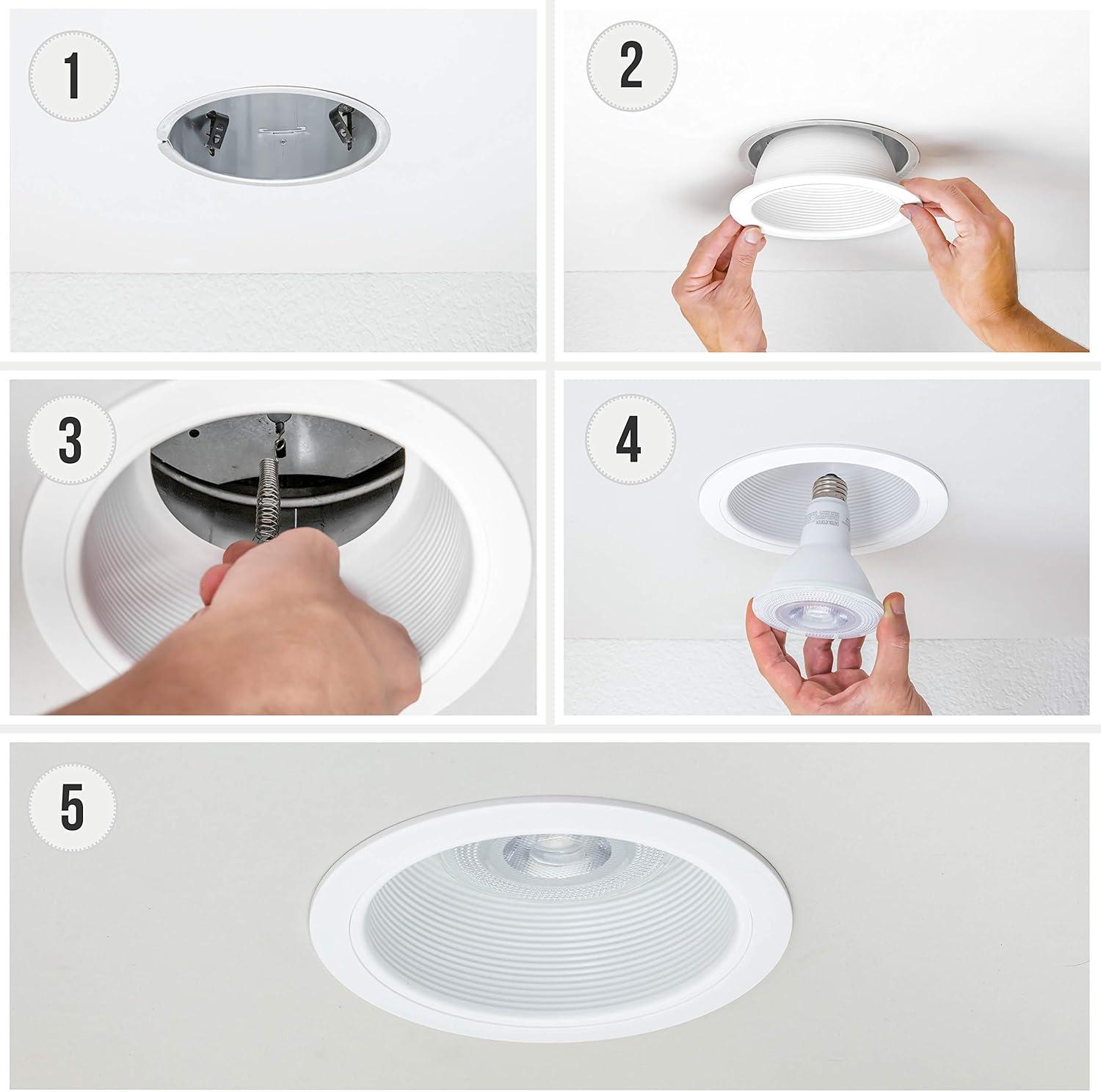 [6-Pack] 6" Metal Recessed Can Light Trim Cover, Step Baffle with Ring, White (Trim , Bulb Not Included)