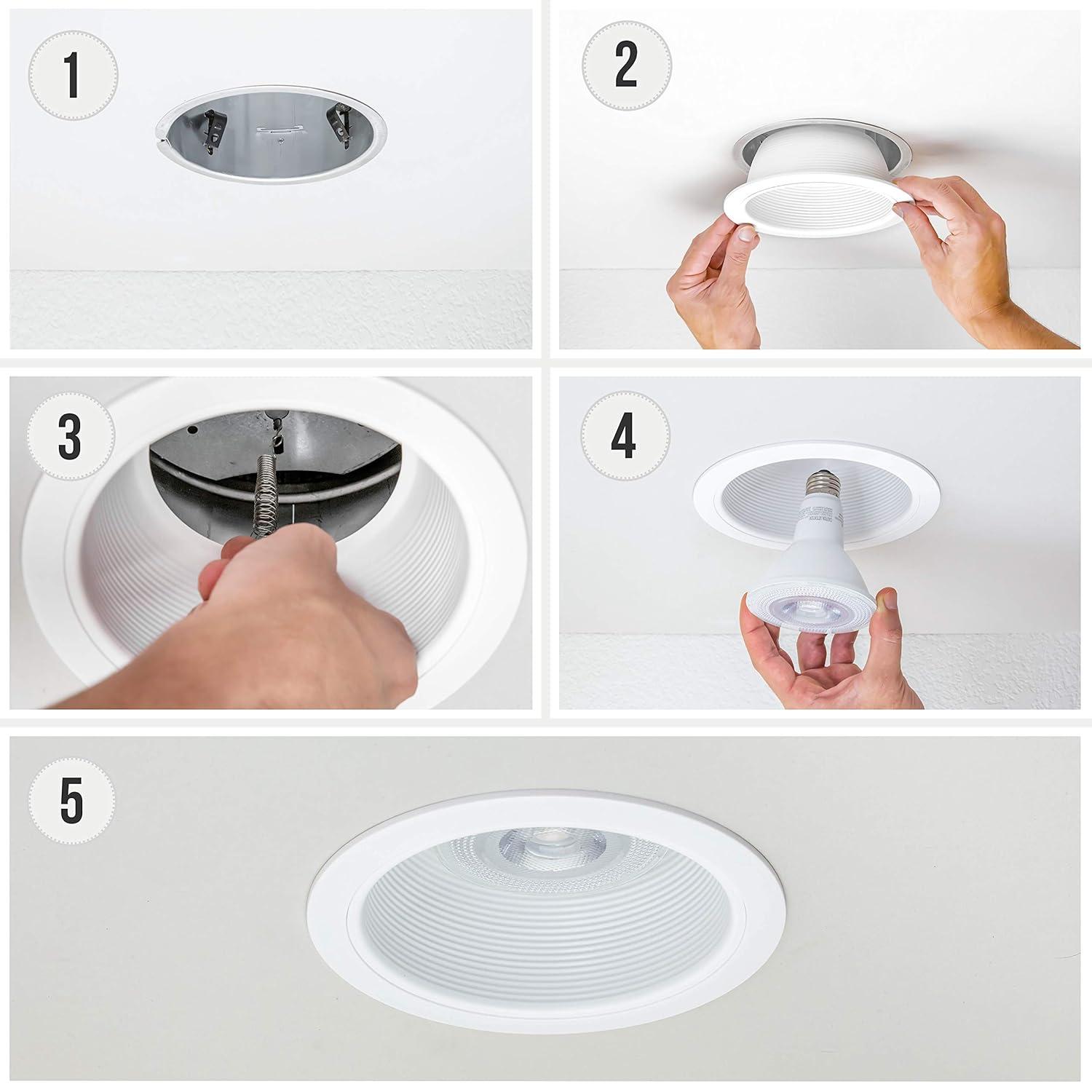 [6-Pack] 6" Metal Recessed Can Light Trim Cover, Step Baffle with Ring, White (Trim , Bulb Not Included)