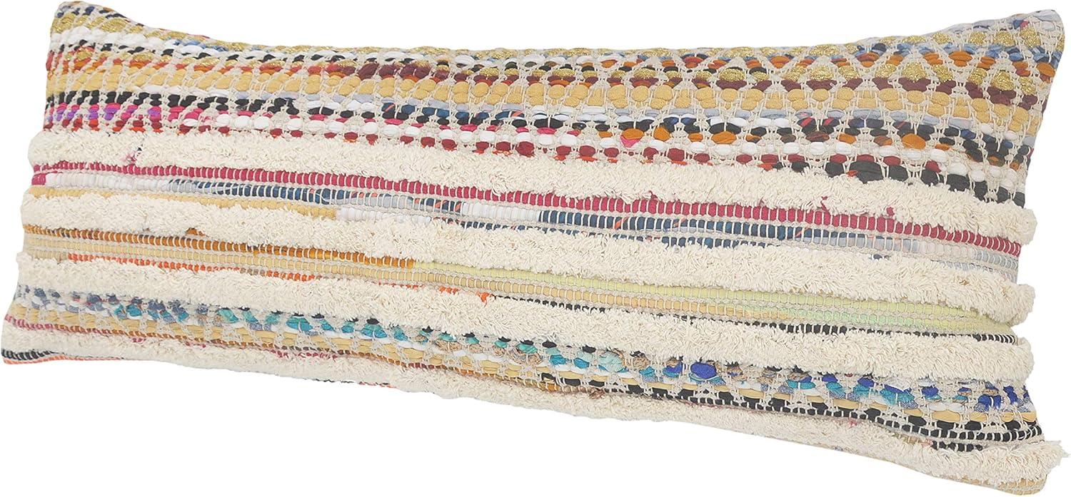 ZeaZu 14" X 36" Off-White Red Blue Orange And Green 100% Cotton Striped Zippered Pillow
