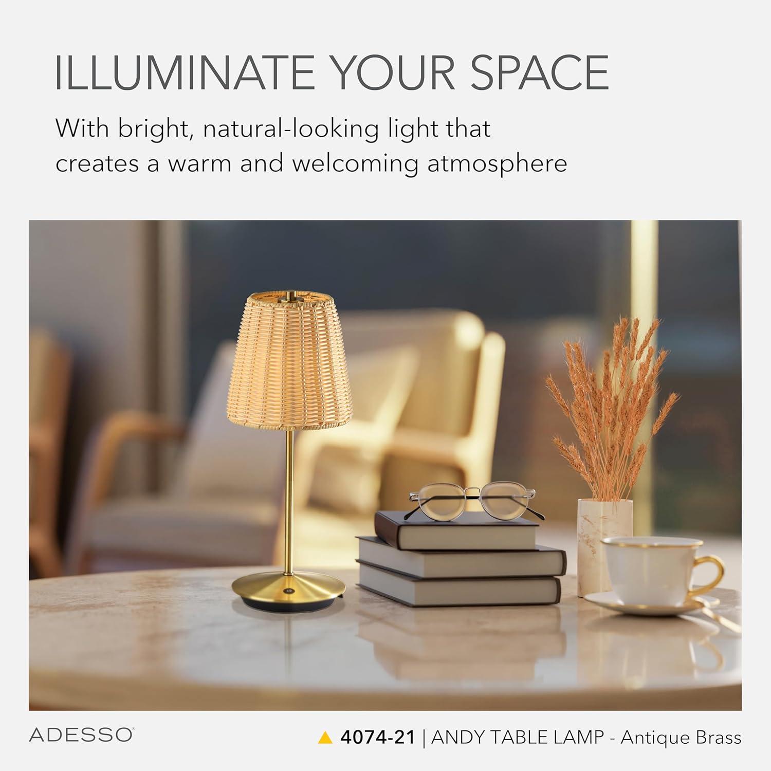 Adesso Benny Cordless Table Lamp (Includes LED Light Bulb) Antique Brass: ETL Listed, Touch Sensor, 3-Way Dimming