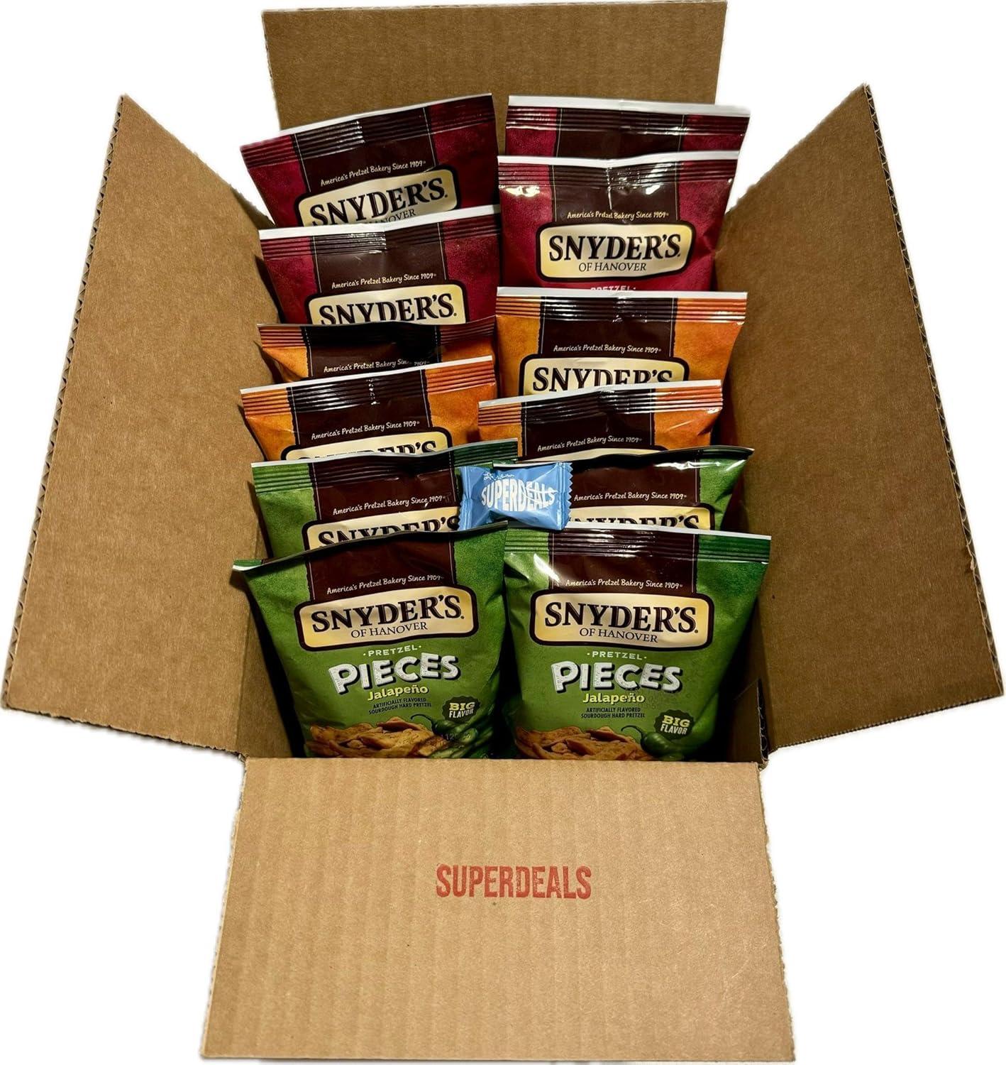 Snyder's of Hanover Pretzel Pieces, Variety 12 Pack bundled by SUPERDEALS 4 Cheddar Cheese, 4 Honey Mustard and Onion, 4 Jalapeno Pretzels, 2.25 oz each bag, total 27 Ounces with mystery gift