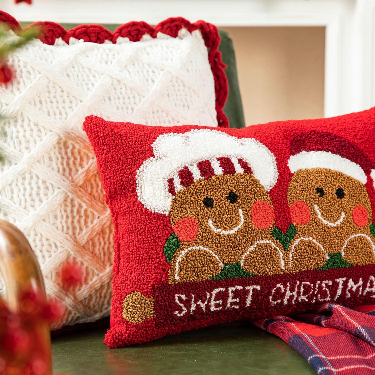 13.75" Red and White Unique Hooked 3D Snowman Pillow