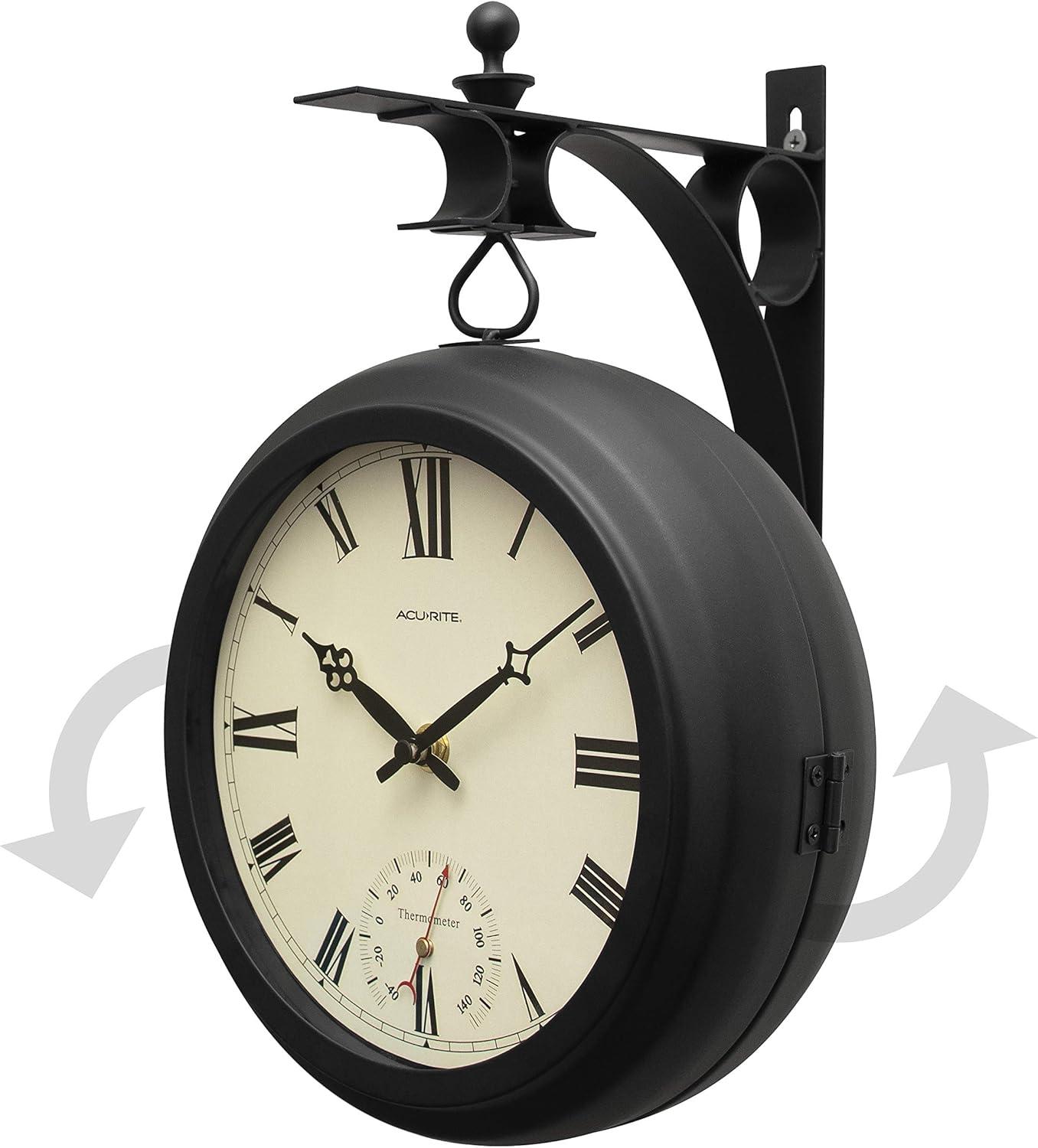AcuRite 9-Inch Indoor/Outdoor Double-Sided Hanging Clock with 360-Degree Spin Functionality, Iron Metal Frame, Glass Lens, Quartz Crystal Movement, Weatherproof and Premium Thermometer (75140M),Black