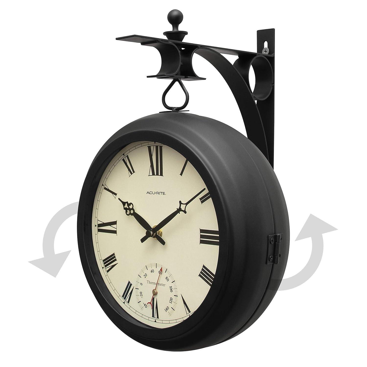 AcuRite 9-Inch Indoor/Outdoor Double-Sided Hanging Clock with 360-Degree Spin Functionality, Iron Metal Frame, Glass Lens, Quartz Crystal Movement, Weatherproof and Premium Thermometer (75140M),Black