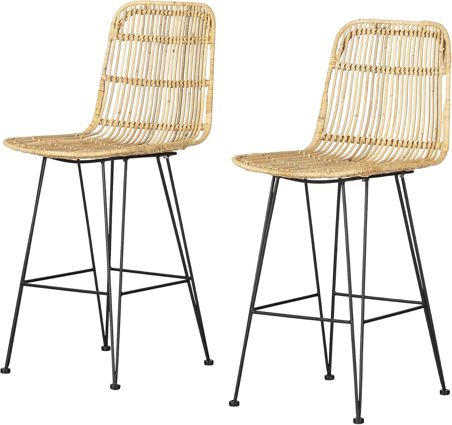 Handmade Rattan and Black Metal Counter Stools, Set of 2