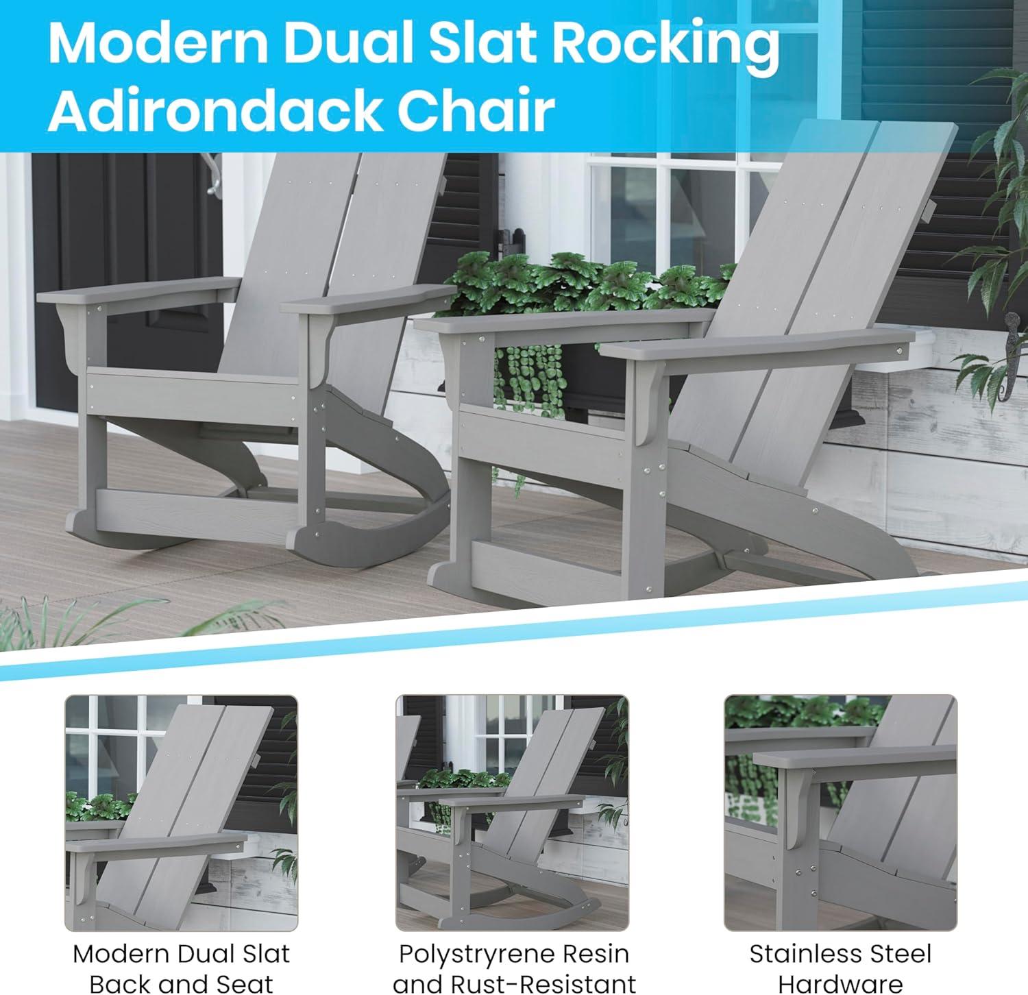 Flash Furniture Finn Modern All-Weather 2-Slat Poly Resin Wood Rocking Adirondack Chair with Rust Resistant Stainless Steel Hardware in Gray