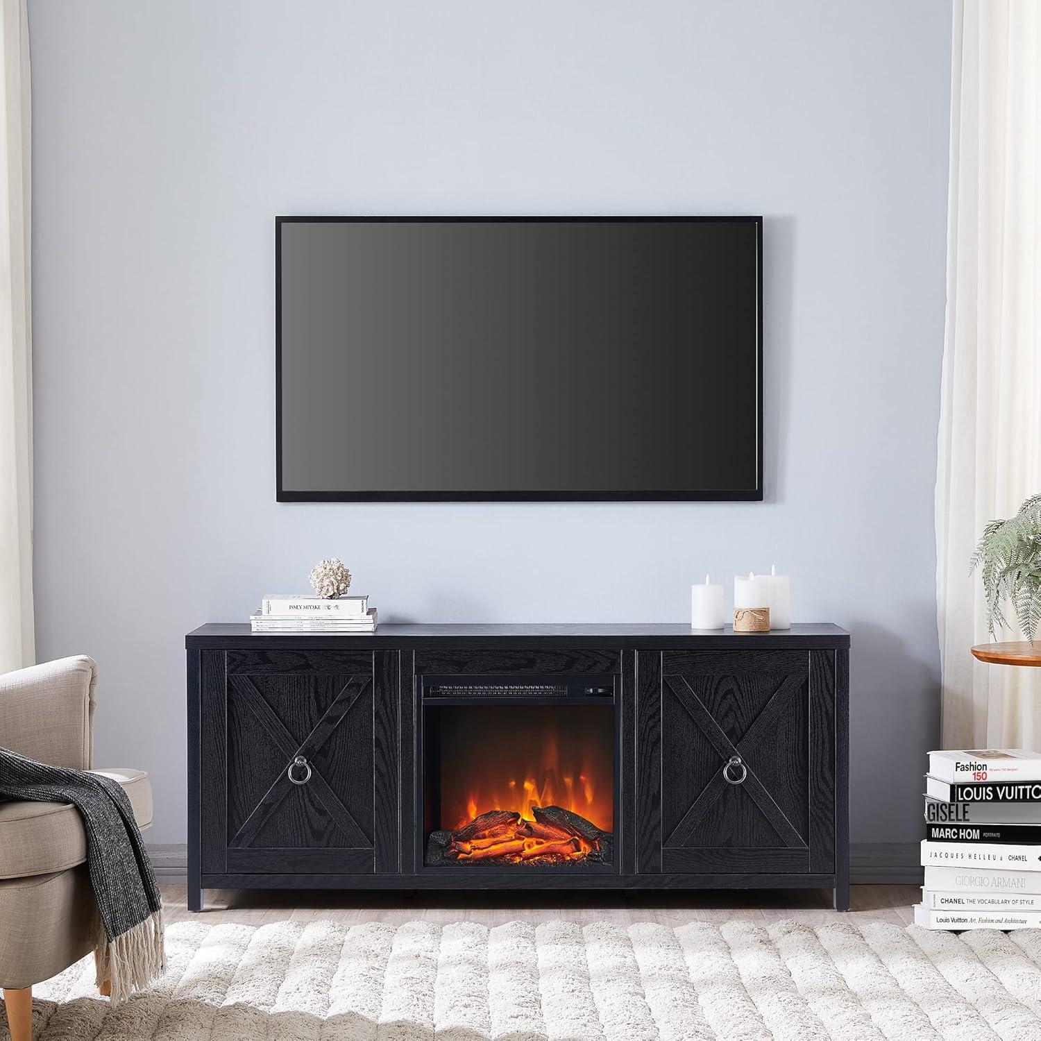 Evelyn&Zoe Granger Rectangular TV Stand with Log Fireplace for TV's up to 65", Black