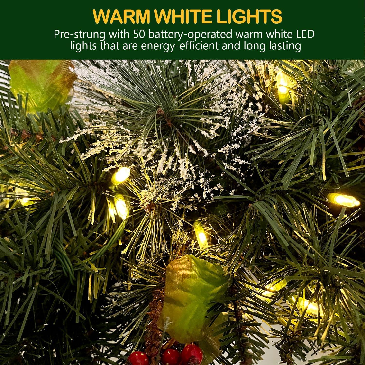 💐 Wreath door hanger 24" Pre-Lit Artificial Christmas Wreaths for Front Door Decorated with Pine Cones, Red Berries, Frosted Branches, 50 LED Lights for Indoor Outdoor Christmas Decorations