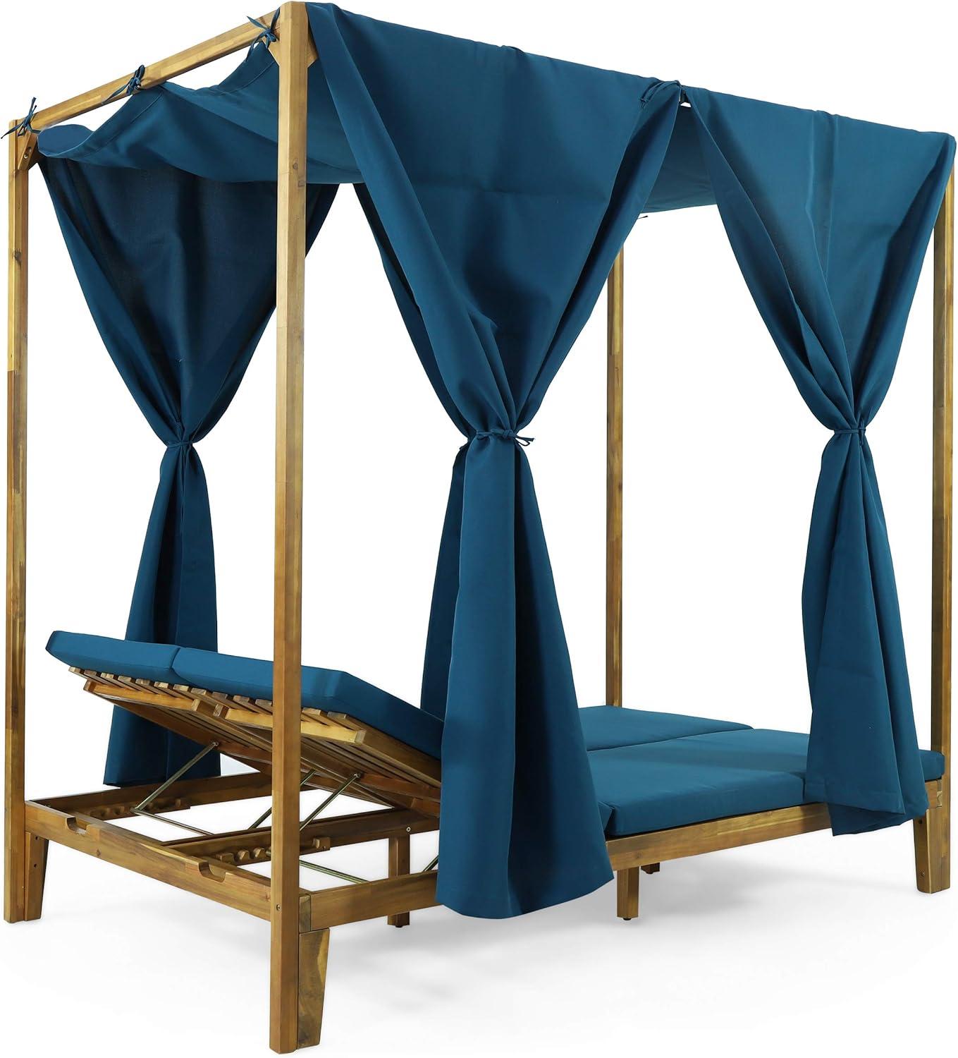 Christopher Knight Home Kinzie Outdoor 2-seat Adjustable Acacia Daybed w/ Curtains by  - 51.25" L x 78.75" W x 78.75" H Teak + Blue