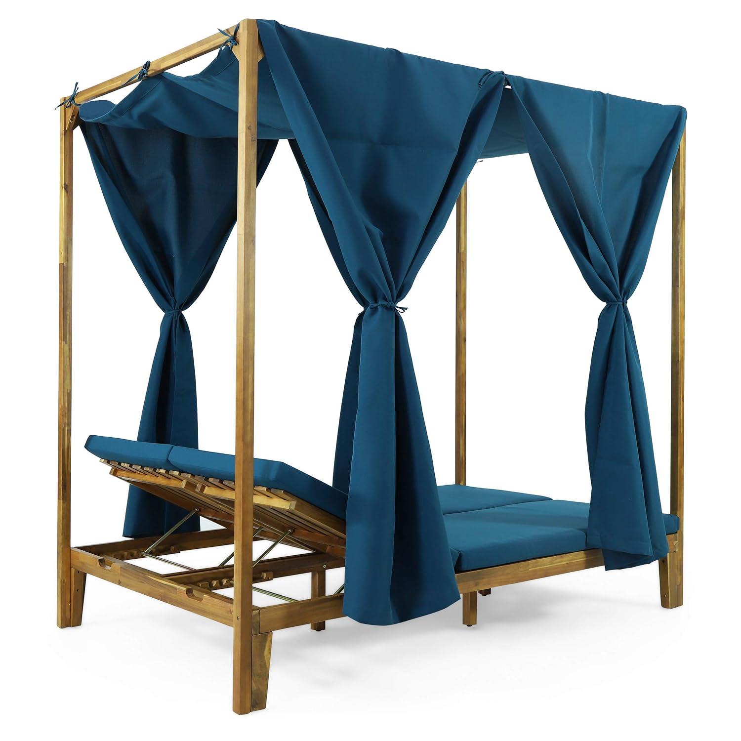 Christopher Knight Home Kinzie Outdoor 2-seat Adjustable Acacia Daybed w/ Curtains by  - 51.25" L x 78.75" W x 78.75" H Teak + Blue