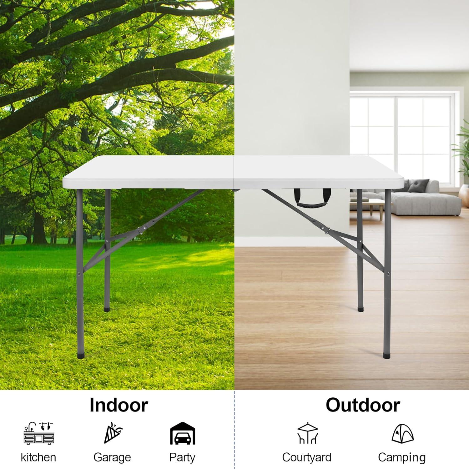 4 ft Portable Folding Table, Idustrial Heavy-Duty Foldable Table, HDPE Plastic Table, with Carrying Handle, Locks, Stright Legs for Indoor & Outdoor Party, Barbeque, Camping, Board Games - White