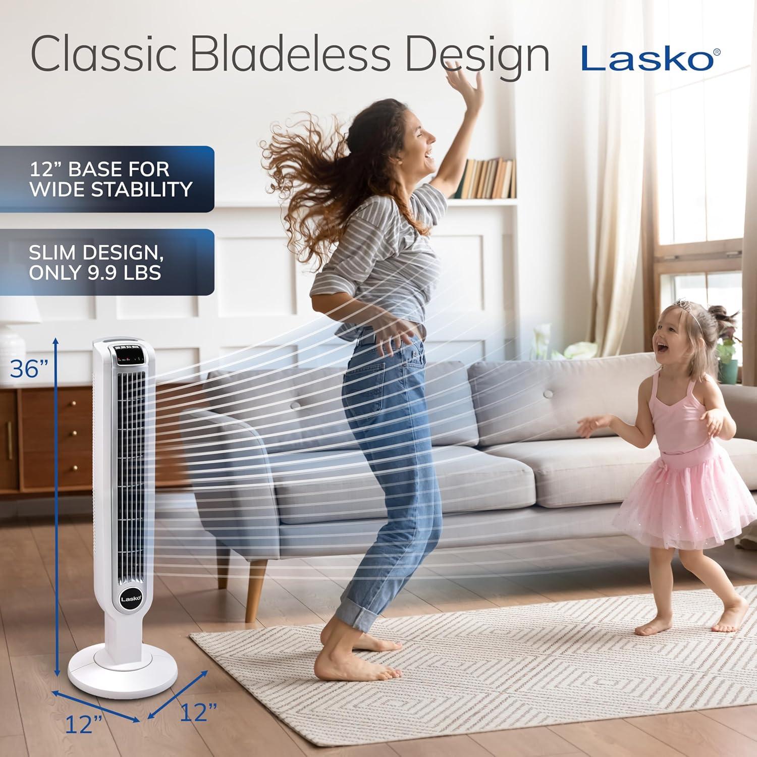 Lasko 3-Speed Remote Controlled Oscillating Tower Fan, White, 2510