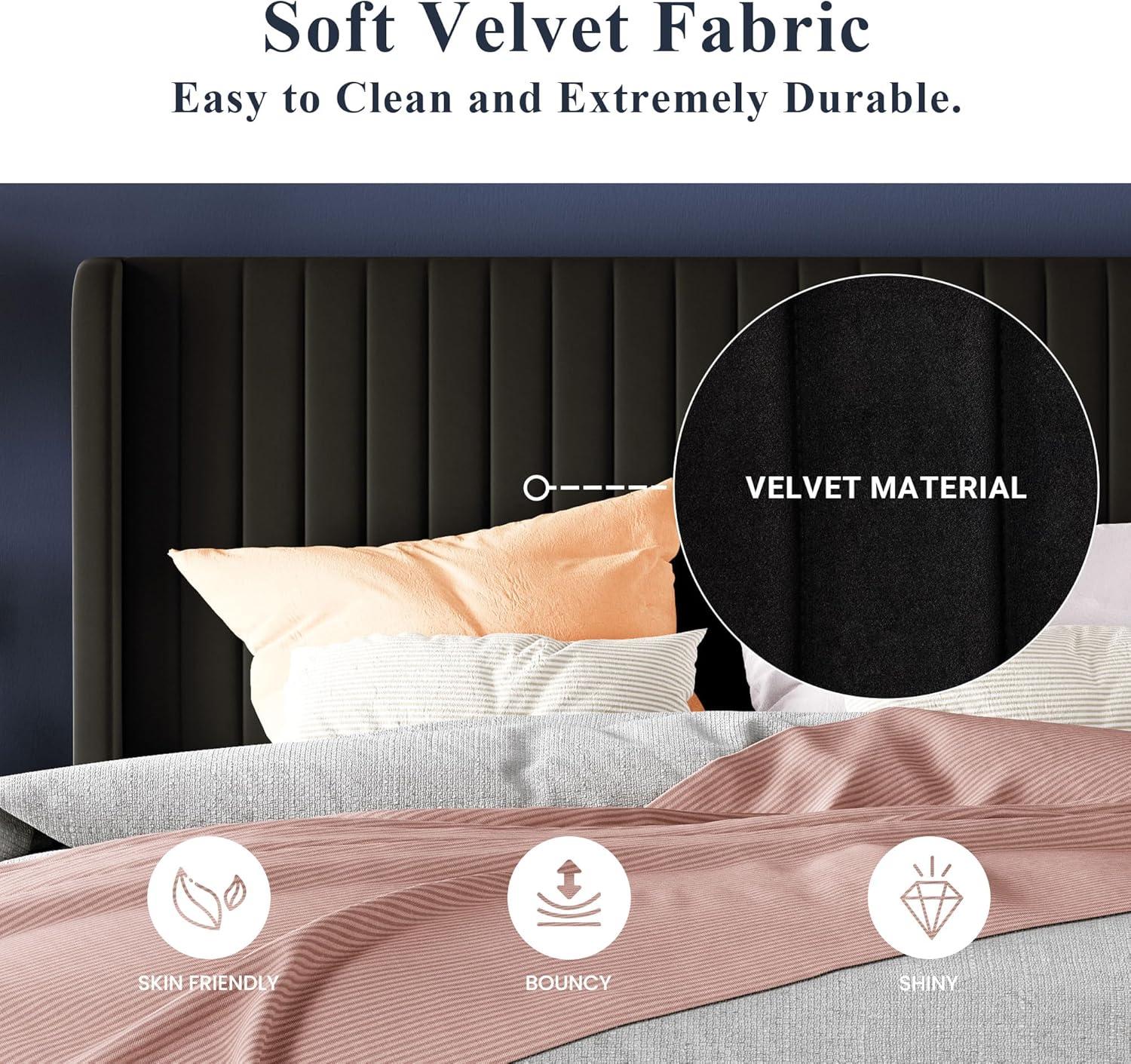 Candler Velvet Upholstered Platform Bed with Wingback Headboard and Wooden Slats