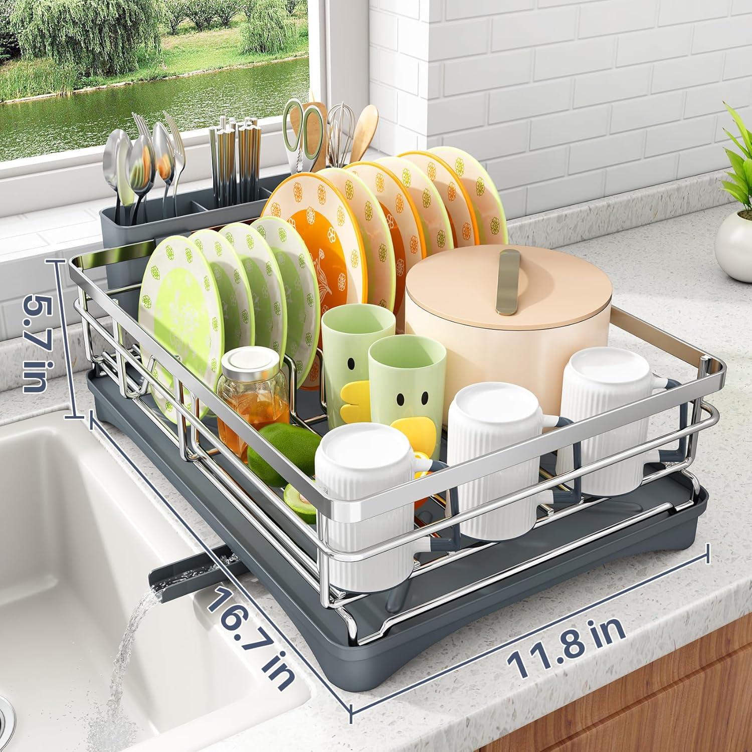 Dish Drying Rack - Stainless Steel Dish Rack for Kitchen Counter, Large-Capacity Dish Drainer with Cutlery Holder, Kitchen Organizer for Dishes, Spoons and Forks, Black