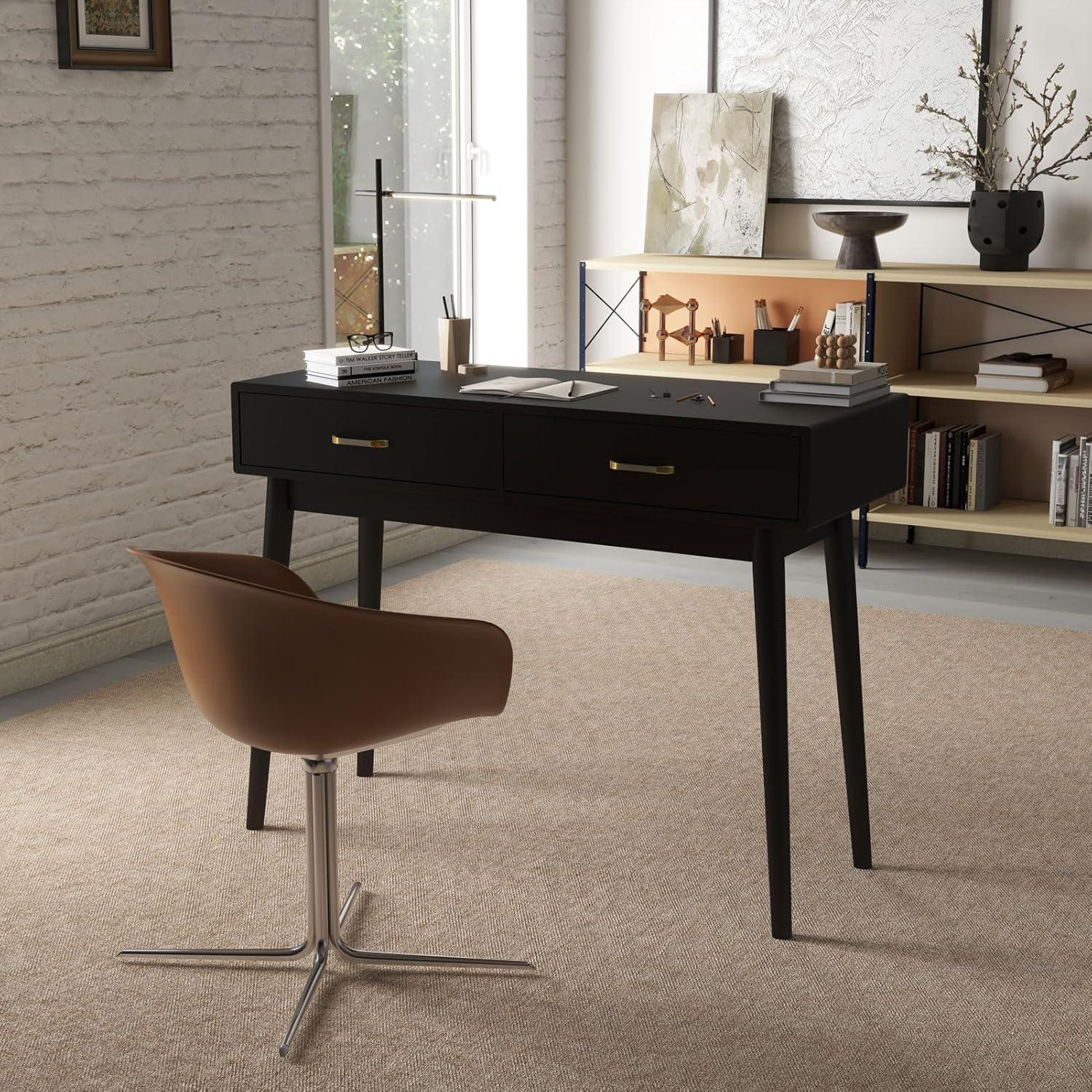 Small White Desk with 2 Drawers, Modern Writing Desk for Small Spaces, Home Office Desk for Study, Laptop Computer Desk for Work, Makeup Vanity Table for Bedroom (White)