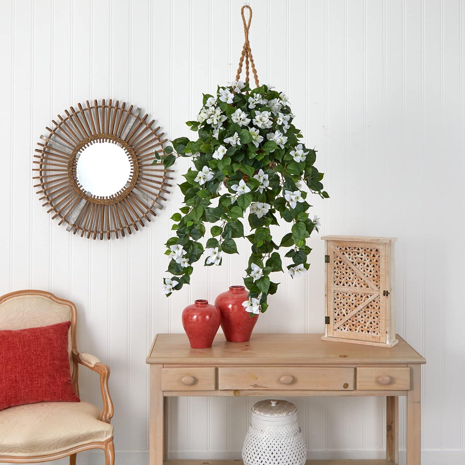 White Bougainvillea Potted Hanging Plant in Wicker Basket