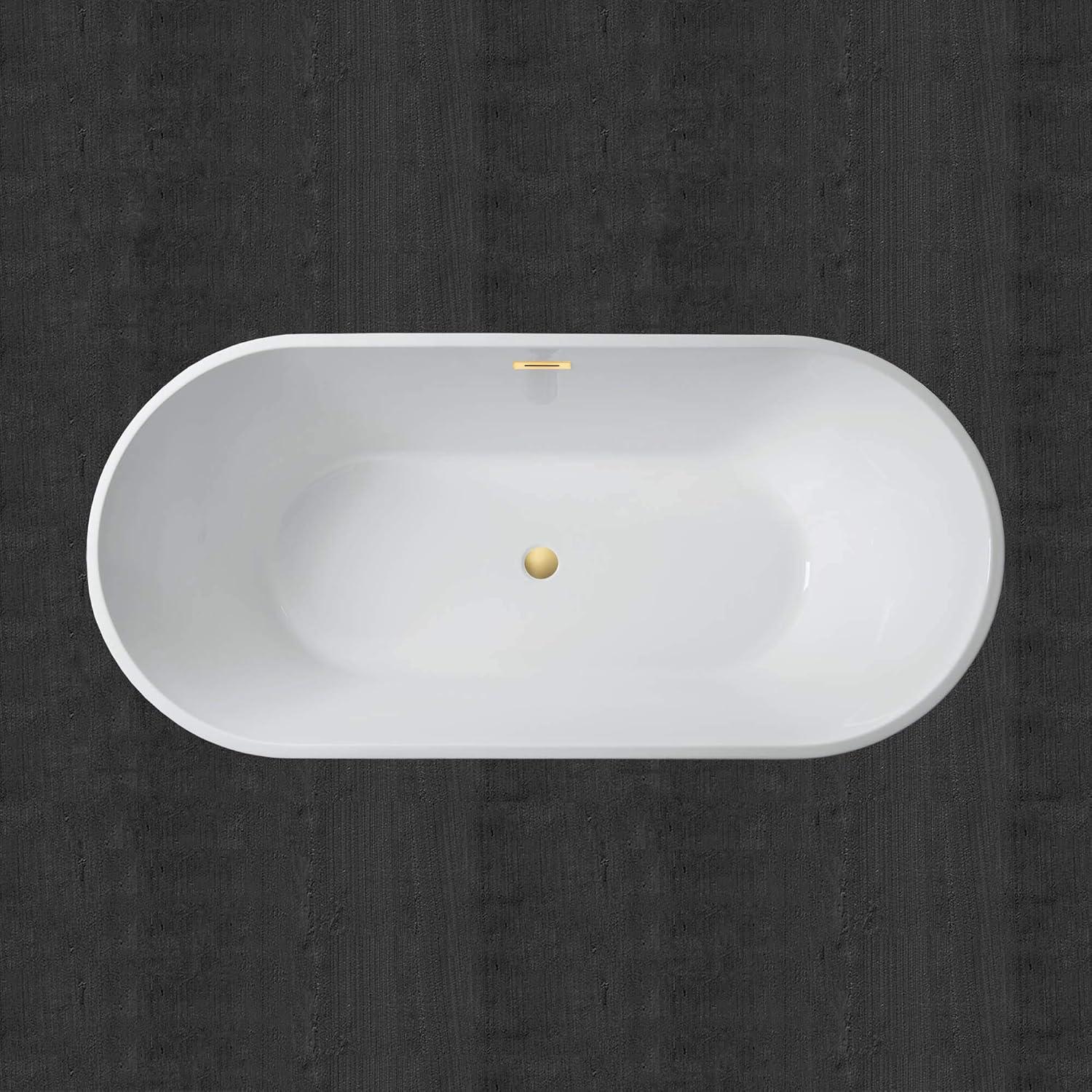 WOODBRIDGE 59" Acrylic Freestanding Bathtub Contemporary Soaking White Tub with Brushed Gold Overflow and Drain,B0014-BG