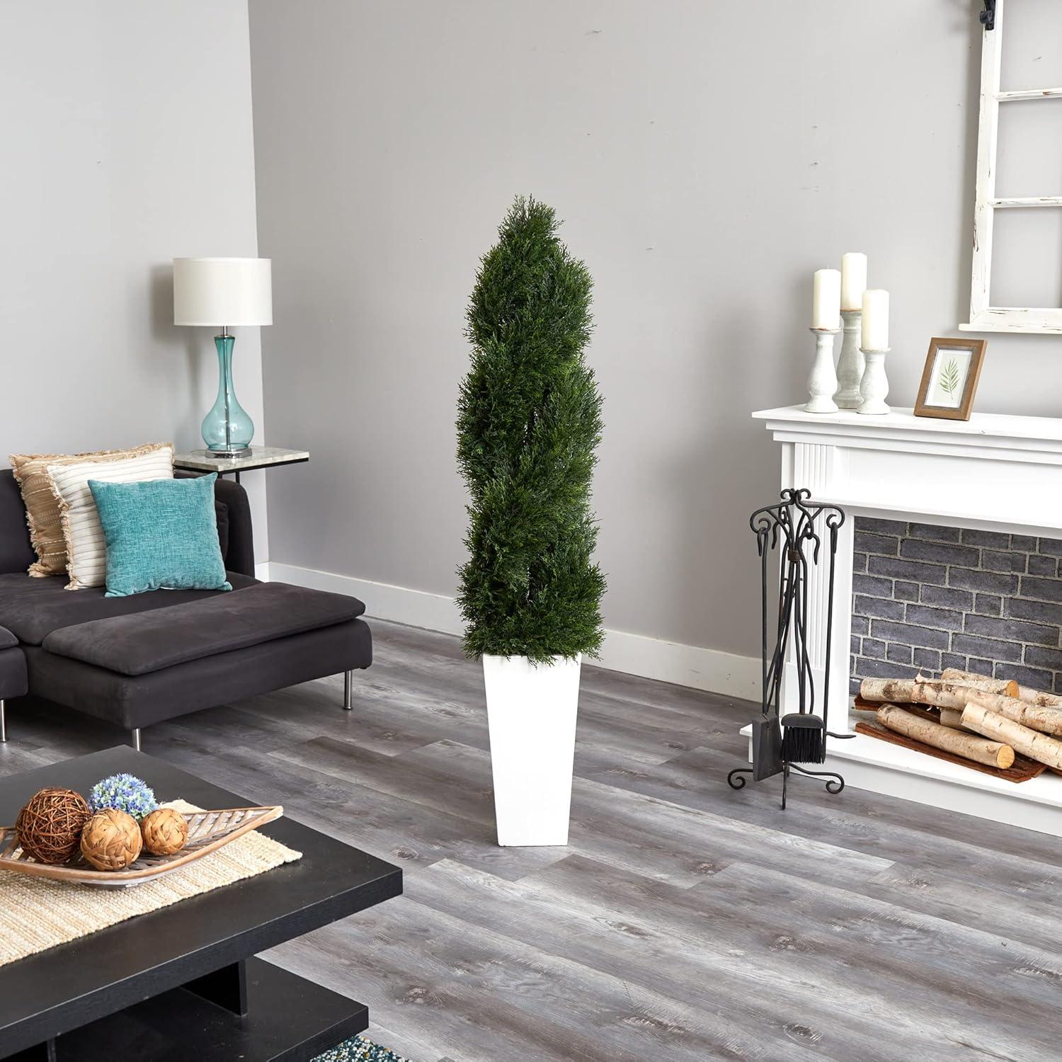 Nearly Natural 5.5' Double Pond Cypress Spiral Topiary Artificial Tree in White Tower Planter UV Resistant