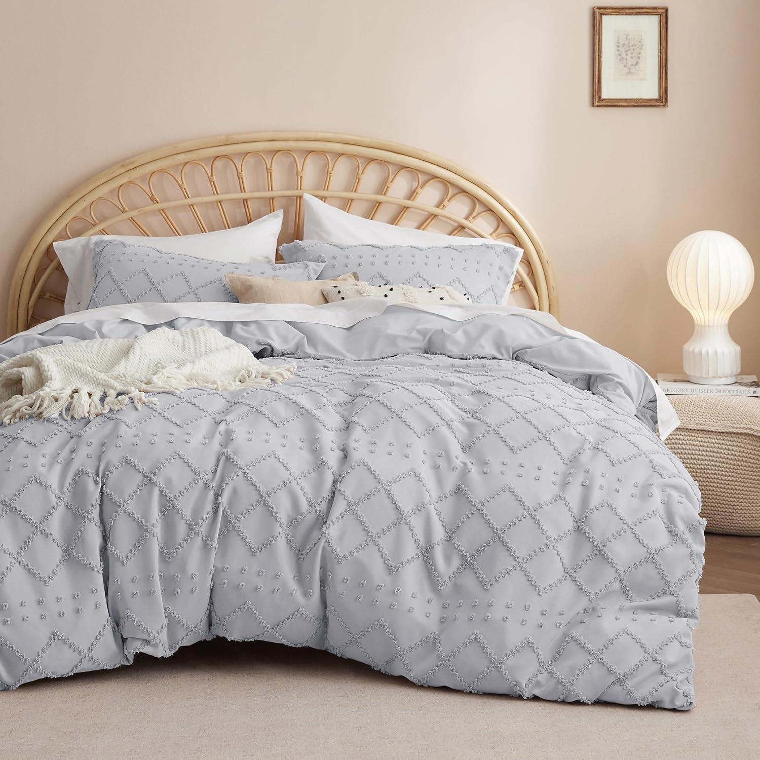 Bedsure Boho Duvet Cover King Size - Boho Bedding, Tufted King Duvet Cover for All Seasons, 3 Pieces Embroidery Shabby Chic Home Bedding,Comforter Not Included (Grey, 104" x 90")