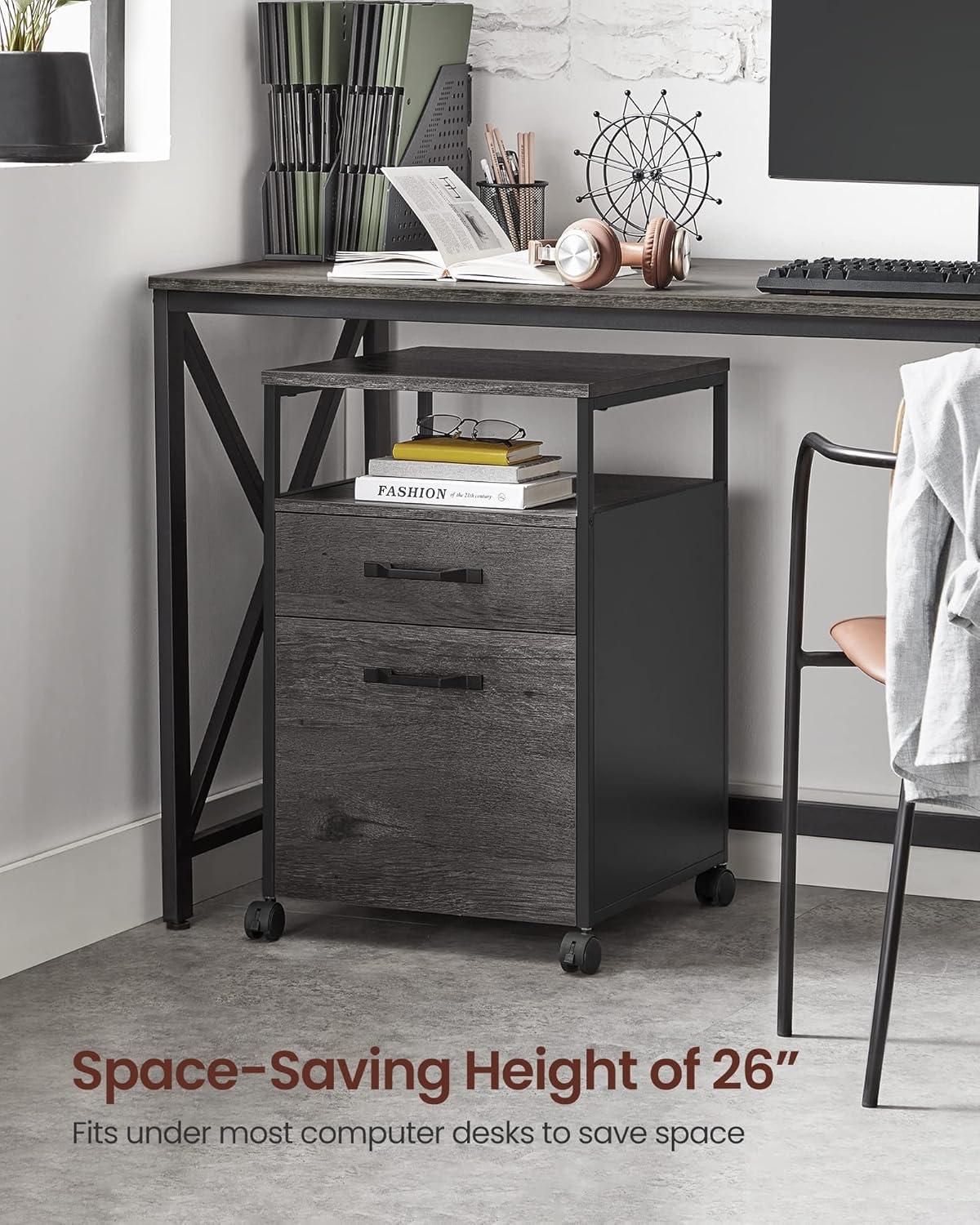 VASAGLE File Cabinet, Mobile Filing Cabinet with Wheels, 2 Drawers, Open Shelf, for A4, Letter Size, Hanging File Folders, Charcoal Gray and Ink Black UOFC071B04