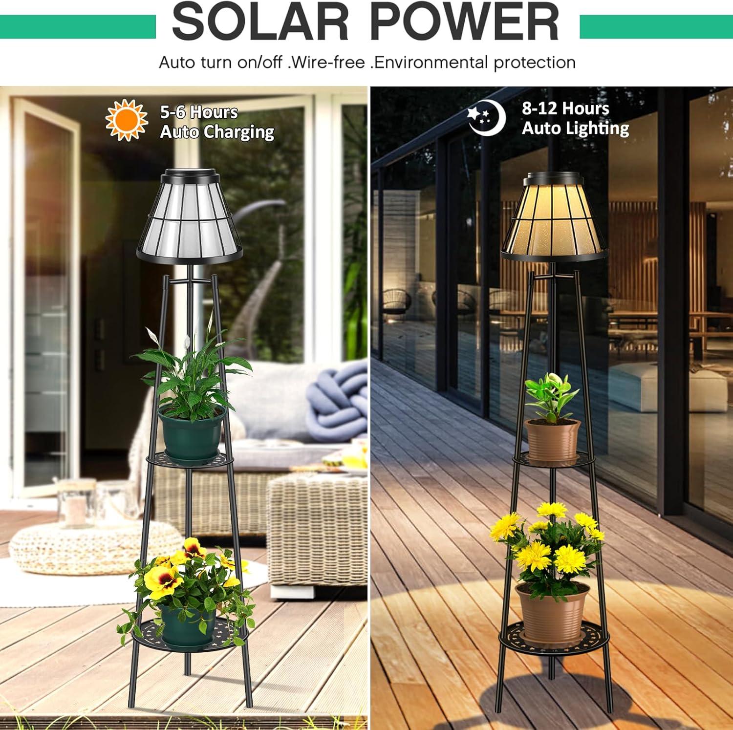 2 Pack 45.5'' Outdoor Floor Lamps with 2 Tier Plant Stand, Solar Powered Metal Waterproof Lights for Patio Deck Yard Garden Porch Decor