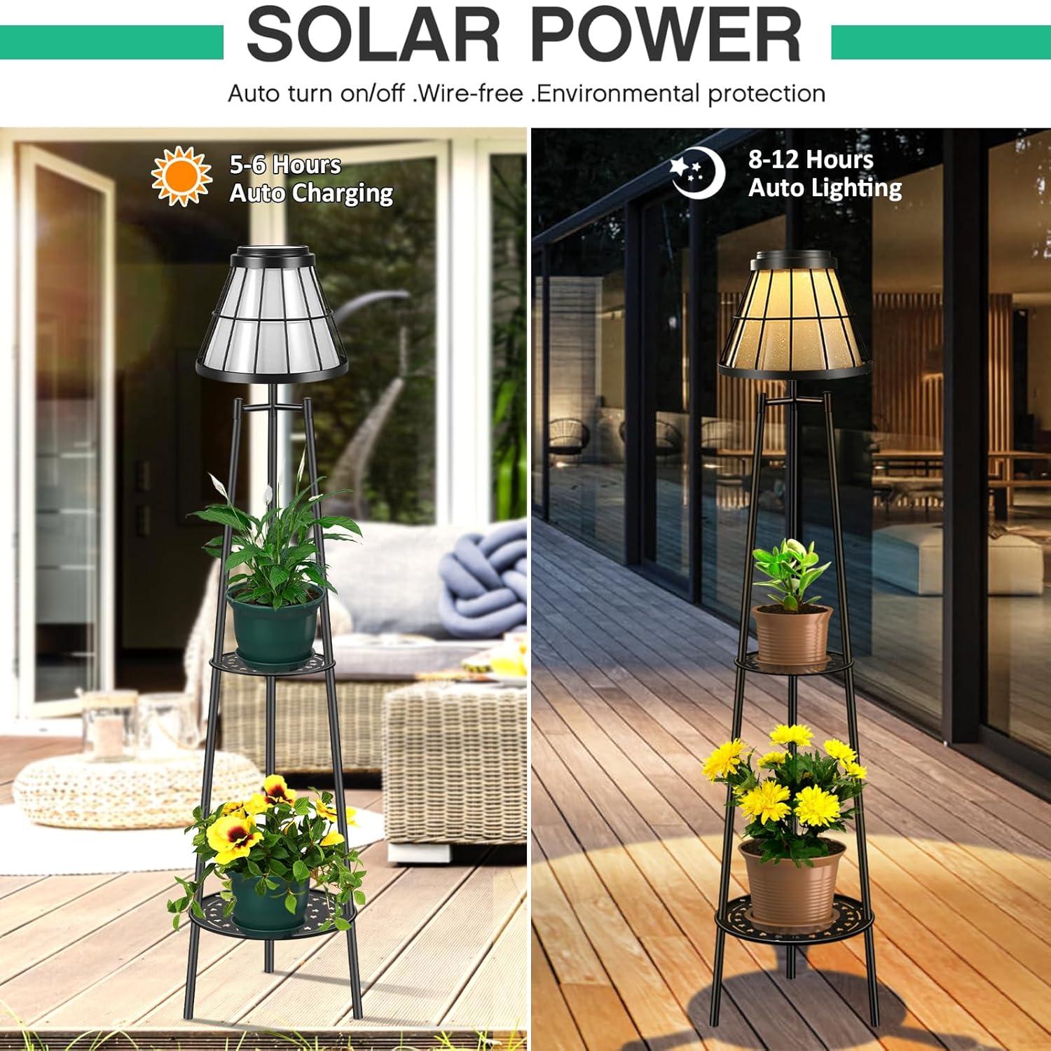 2 Pack 45.5'' Outdoor Floor Lamps with 2 Tier Plant Stand, Solar Powered Metal Waterproof Lights for Patio Deck Yard Garden Porch Decor