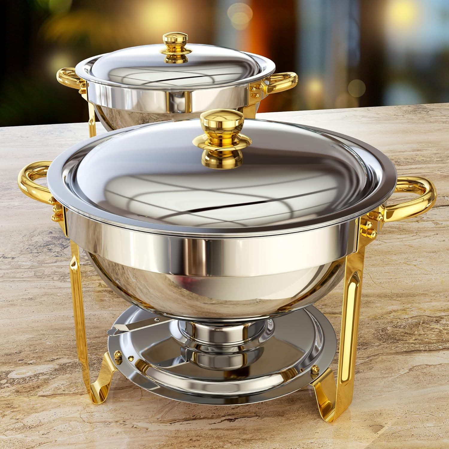 WhizMax Chafing Dish Buffet Set 2 Pack 5QT, Stainless Steel Round Chafing Dishes for Buffet with Lid Holder & Glass Lid, Gold