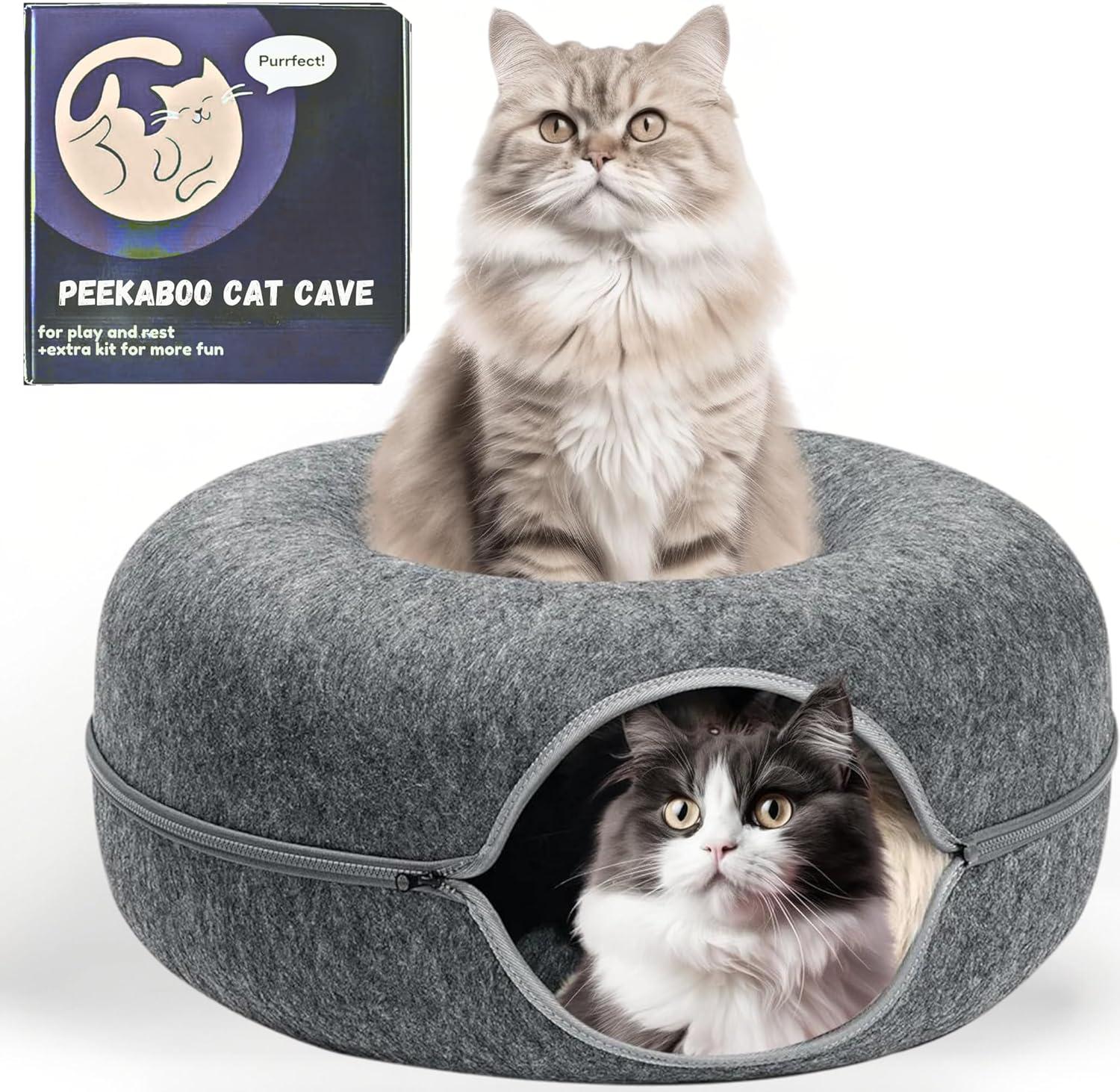 Peekaboo Cat Cave For Multiple & Large Cats Up To 30-45 Lbs, Scratch Detachable & Washable Tunnel Bed, Comfy Donut Cat Cave