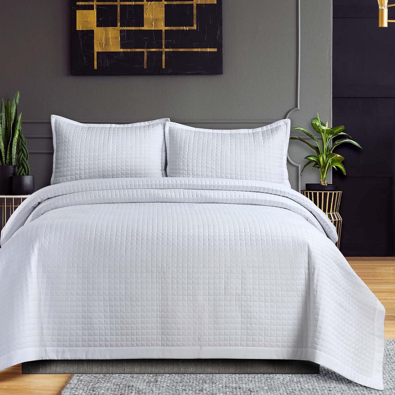King Naples Microfiber Quilt Set White - Tribeca Living: All Ages, Box Quilting, Includes 2 King Shams