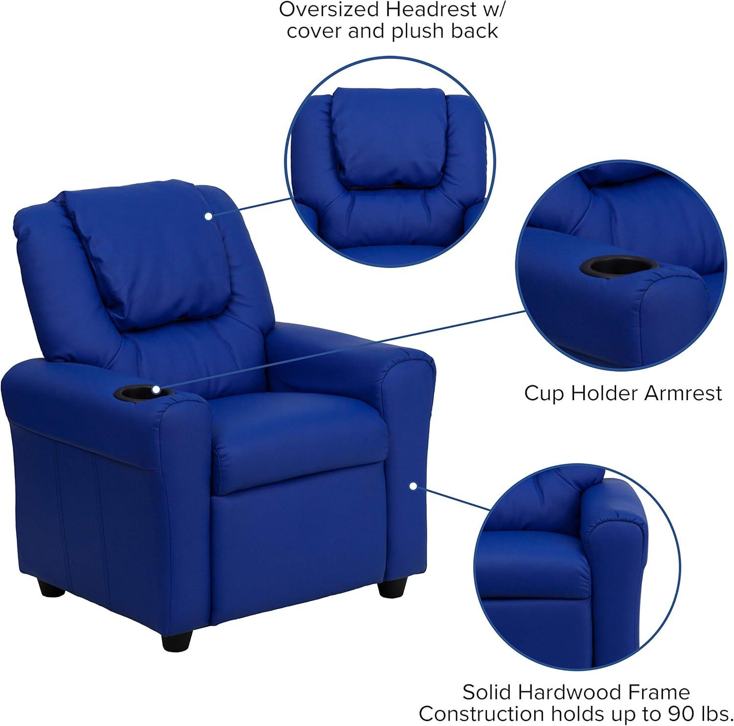 Emma and Oliver Blue Vinyl Kids Recliner with Cup Holder and Headrest