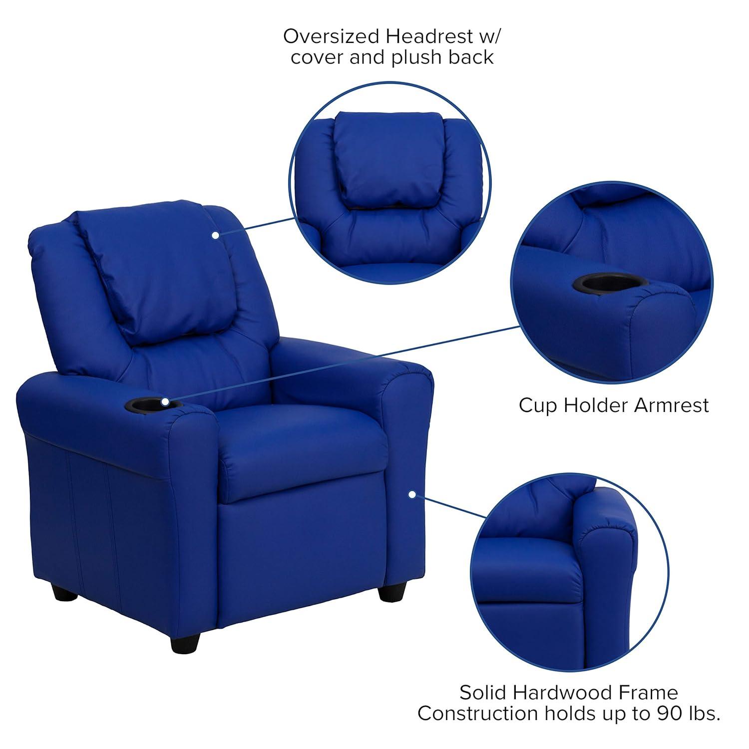 Emma and Oliver Blue Vinyl Kids Recliner with Cup Holder and Headrest