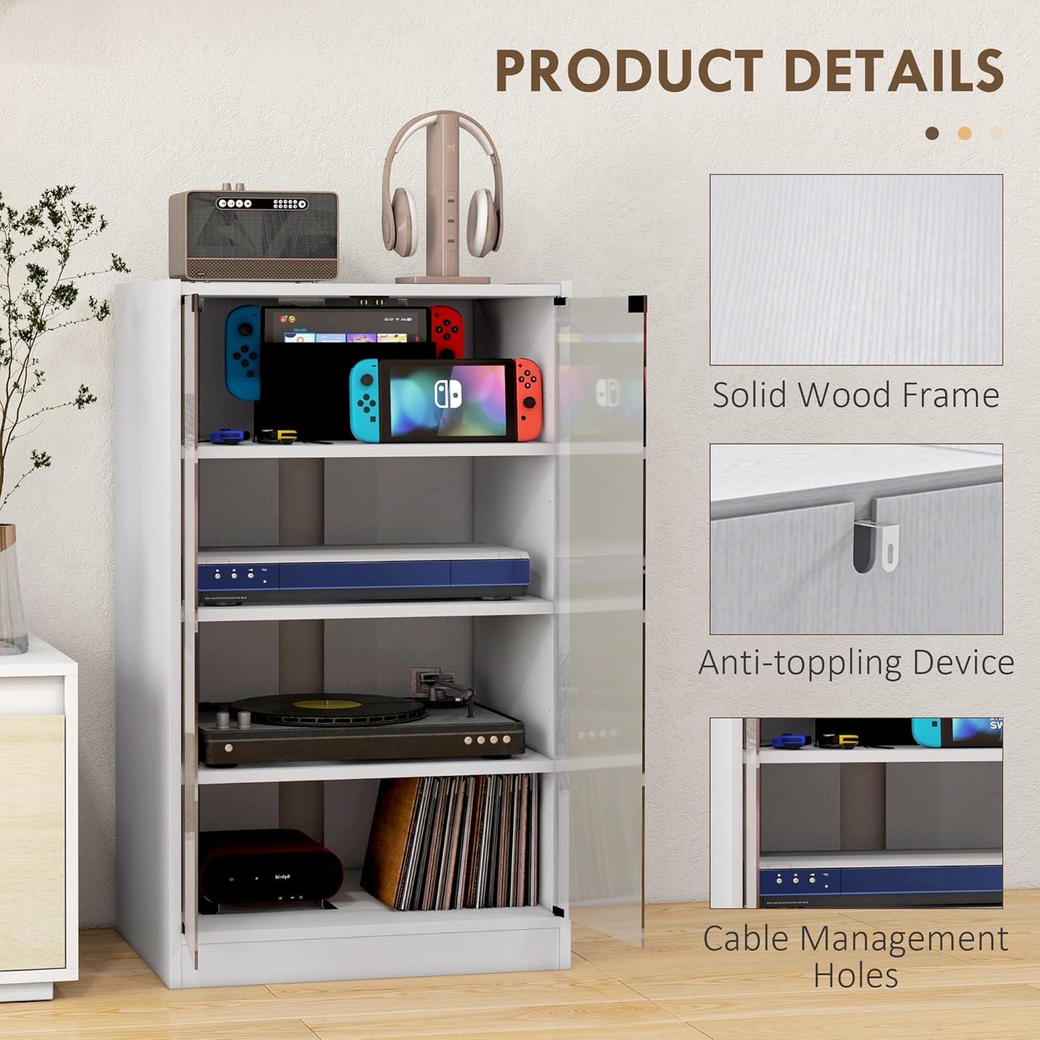 HOMCOM Media Cabinet, 4-Tier Stereo Cabinet, Record Player Stand with Vinyl Record Storage, Adjustable Shelves, Tempered Glass Doors and Cable Management, Distressed White