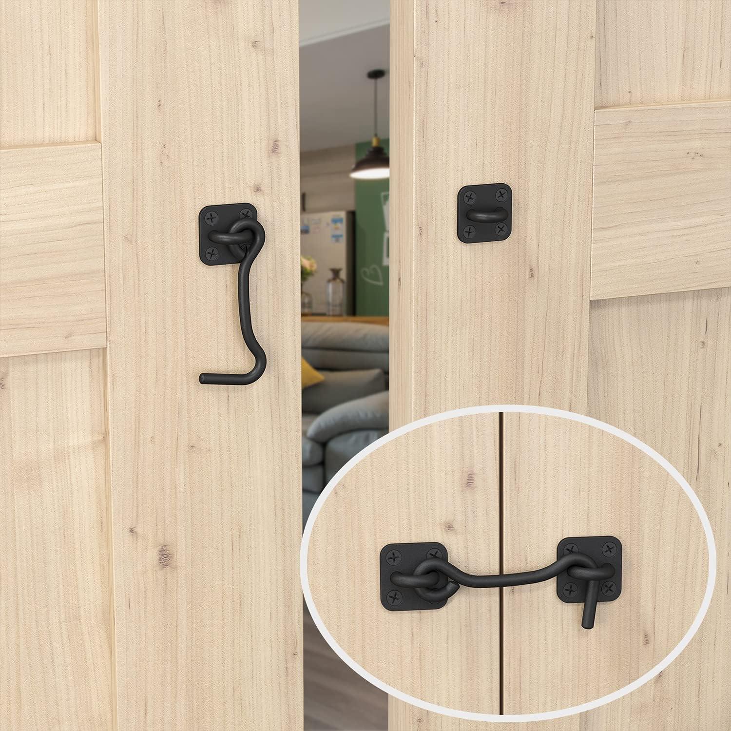 Barn Door Latch & Lock - Heavy Duty Wrought Iron Hook and Eye Latch - Black