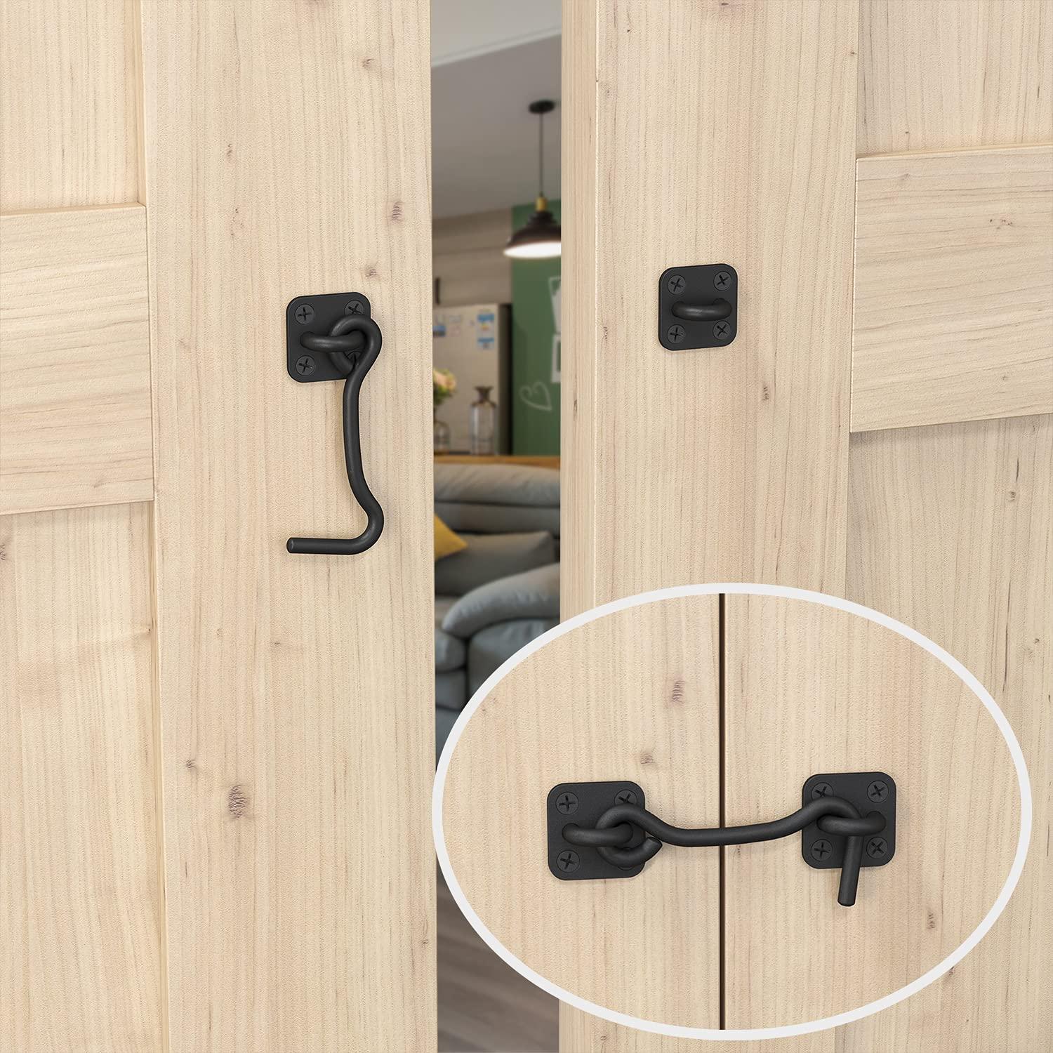 Barn Door Latch & Lock - Heavy Duty Wrought Iron Hook and Eye Latch - Black